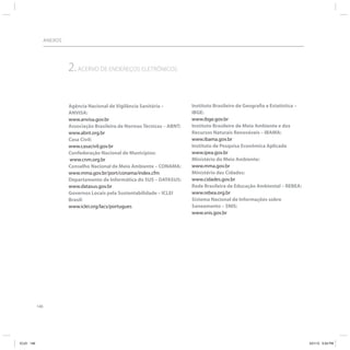 ANEXOS




                           2. ACERVO DE ENDEREÇOS ELETRÔNICOS

                           Agência Nacional de Vigilância Sanitária –         Instituto Brasileiro de Geografia e Estatística –
                           ANVISA:                                            IBGE:
                           www.anvisa.gov.br                                  www.ibge.gov.br
                           Associação Brasileira de Normas Técnicas – ABNT:   Instituto Brasileiro de Meio Ambiente e dos
                           www.abnt.org.br                                    Recursos Naturais Renováveis – IBAMA:
                           Casa Civil:                                        www.ibama.gov.br
                           www.casacivil.gov.br                               Instituto de Pesquisa Econômica Aplicada
                           Confederação Nacional de Municípios:               www.ipea.gov.br
                           www.cnm.org.br                                     Ministério do Meio Ambiente:
                           Conselho Nacional de Meio Ambiente – CONAMA:       www.mma.gov.br
                           www.mma.gov.br/port/conama/index.cfm               Ministério das Cidades:
                           Departamento de Informática do SUS – DATASUS:      www.cidades.gov.br
                           www.datasus.gov.br                                 Rede Brasileira de Educação Ambiental – REBEA:
                           Governos Locais pela Sustentabilidade – ICLEI      www.rebea.org.br
                           Brasil:                                            Sistema Nacional de Informações sobre
                           www.iclei.org/lacs/portugues                       Saneamento – SNIS:
                                                                              www.snis.gov.br




            146




ICLEI 146                                                                                                                         3/21/12 5:04 PM
 