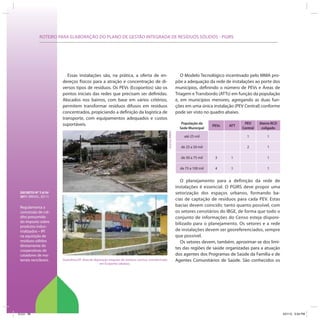 ROTEIRO PARA ELABORAÇÃO DO PLANO DE GESTÃO INTEGRADA DE RESÍDUOS SÓLIDOS - PGIRS




                           Essas instalações são, na prática, a oferta de en-                                         O Modelo Tecnológico incentivado pelo MMA pro-
                        dereços físicos para a atração e concentração de di-                                       põe a adequação da rede de instalações ao porte dos
                        versos tipos de resíduos. Os PEVs (Ecopontos) são os                                       municípios, definindo o número de PEVs e Áreas de
                        pontos iniciais das redes que precisam ser definidas.                                      Triagem e Transbordo (ATTs) em função da população
                        Alocados nos bairros, com base em vários critérios,                                        e, em municípios menores, agregando as duas fun-
                        permitem transformar resíduos difusos em resíduos                                          ções em uma única instalação (PEV Central) conforme
                        concentrados, propiciando a definição da logística de                                      pode ser visto no quadro abaixo.
                        transporte, com equipamentos adequados e custos
                        suportáveis.                                                                                  População da                   PEV      Aterro RCD
                                                                                                                                       PEVs   ATT
                                                                                                                     Sede Municipal                 Central    coligado




                                                                                                      Acervo MMA
                                                                                                                       até 25 mil                     1           1

                                                                                                                     de 25 a 50 mil                   2           1

                                                                                                                     de 50 a 75 mil     3      1                  1

                                                                                                                     de 75 a 100 mil    4      1                  1


                                                                                                                      O planejamento para a definição da rede de
                                                                                                                   instalações é essencial. O PGIRS deve propor uma
 DECRETO NO 7.619/                                                                                                 setorização dos espaços urbanos, formando ba-
 2011 (BRASIL, 2011):
                                                                                                                   cias de captação de resíduos para cada PEV. Estas
 Regulamenta a                                                                                                     bacias devem coincidir, tanto quanto possível, com
 concessão de cré-                                                                                                 os setores censitários do IBGE, de forma que todo o
 dito presumido                                                                                                    conjunto de informações do Censo esteja disponi-
 do imposto sobre
                                                                                                                   bilizado para o planejamento. Os setores e a rede
 produtos indus-
 trializados – IPI                                                                                                 de instalações devem ser georeferenciados, sempre
 na aquisição de                                                                                                   que possível.
 resíduos sólidos                                                                                                     Os setores devem, também, aproximar-se dos limi-
 diretamente de
 cooperativas de
                                                                                                                   tes das regiões de saúde organizadas para a atuação
 catadores de ma-                                                                                                  dos agentes dos Programas de Saúde da Família e de
 teriais recicláveis.   Guarulhos/SP: Área de deposição irregular de resíduos (acima), transformada                Agentes Comunitários de Saúde. São conhecidos os
                                                 em Ecoponto (abaixo).




ICLEI 98                                                                                                                                                                   3/21/12 5:04 PM
 