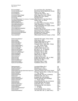 Best Practices Manual
Page 28 of 71


Prunus•mahleb *                                   St. Lucie Cherry (Eur.-Asia Minor)           (M+/-)
Prunus•mandshurica *                              Manchurian Apricot (Manchuria, Korea)        (M+/-)
Prunus•persica                                    Peach (c. & e. Asia)                         (M+/-)
Prunus•salicina *                                 Japanese Plum (China, Jap.)                  (H-M)
Prunus•sp.•'Green•Gage'                           Green Gage Plum (hort. cultivar)             (M+/-)
Prunus•sp.•'Stanely'                              Stanley Plum (hort. cultivar)                (M+/-)
Prunus•spp.                                       Domestic Plums                               (M+/-)
Prunus•x•dasycarpa * (P. •armenica x P.•cerasifera) Black Apricot (c. Asia-Asia Minor)         (M-L)
Pseudolarix•kaempferi *                           Golden Larch (e. China)                      (H?)
Ptelea•polyadenia*                                ----- (sw. USA)                              (M+/-)
Pterocarya•fraxinifolia *                         Caucasian Walnut (Caucasus, Persia)          (M+/-)
Pteroceltis•tartarianovii *                       Tartar Wingceltis (n., c. China)             (M+/-)
Pterostyrax•hispida *                             Fragrant Epaulette Tree (Japan, China)       (H?)
Pyrus•bucharica *                                 = Pyrus•korshinsky
Pyrus•calleryana•'Bradford'                       Bradford Pear (China)                        (M+/-)
Pyrus•communis +                                  Common Garden Pear (Europe, w. Asia)         (M+/-)
Pyrus•communis•'Maxine'                           Maxine Pear (hort. cultivar)                 (M+/-)
Pyrus•communis•'Moonglow'                         Moonglow Pear (hort. cultivar)               (M+/-)
Pyrus•korshinsky *                                Buchara Pear (Turkestan)                     (L-M)
Pyrus•salicifolia *                               Willow-leafed Pear (se. Europe, w. Asia)     (M+/-)


Quercus•acutissima *                             Sawtooth Oak (Japan, China, Korea)            (M-H)
Quercus•alba                                     White Oak (e. USA)                            (M+/-)
Quercus•bicolor                                  Swamp White Oak (ne. N. Am.)                  (M+/-)
Quercus•douglasii *                              California Blue Oak (w. US)                   (M+/-)
Quercus•frainetto *                              Hungarian Oak (s. Italy, Balk., Turkey)       (M+/-)
Quercus•glandulifera *                           ----- (Jap., Korea, China)                    (M+/-)
Quercus•imbricaria *                             Shingle Oak (e. & c. USA)                     (M-H)
Quercus•kelloggii *                              California Black Oak (w. US)                  (M+/-)
Quercus•macrocarpa                               Bur Oak (c., ne. N. America)                  (M+/-)
Quercus•mongolica *                              Mongolian Oak (ne. Asia)                      (M+/-)
Quercus•muehlenbergii *                          Chinquapin Oak (e. USA)                       (M-H)
Quercus•palustris                                Pin Oak (ne. N. America)                      (M-H)
Quercus•phellos *                                Willow Oak (se. USA)                          (M-H)
Quercus•prinus *                                 Chestnut Oak (e. USA)                         (M-H)
Quercus•robur                                    English Oak (Europe, n. Afr., w. Asia)        (M-H)
Quercus•rubra                                    Northern Red Oak (ne. USA)                    (M-H)
Quercus•sadleriana *                             Deer Oak (w. USA)                             (M+/-)
Quercus•shumardii *                              Shumard's Oak (c. USA)                        (M-H)
Quercus•vacciniifolia *                          Huckleberry Oak (w. US)                       (M+/-)


Salix•pentandra *                                Laurel-leaf Willow (Eur.)                      (H)
Sassafras•albidum *                              Sassafras (e. N. Am.)                          (H)
Sophora•davidii *                                David's Sophora (China)                        (L-M)
Sophora•japonica (aka Styphnolobium•japonicum)   Japanese Pagoda Tree (China, Korea)            (M+/-)
Sorbus*torminalis *                              Chequer Tree (A. Minor, n. Africa, Eur. Asia) (H)
Sorbus•alnifolia *                               ----- (Jap., Korea)                            (H)
Sorbus•americana                                 American Mtn. Ash (ne. N. America)             (M-H)
Sorbus•aria*                                     Whitebeam Mtn. Ash (Eur.)                      (H)
Sorbus•aucuparia                                 European Mtn. Ash (Eurasia)                    (M-H)
Sorbus•cashmeriana *                             Kashmir Mountain Ash (Himalaya)                (H)
Sorbus•commixta *                                ----- (Korea, Japan)                           (M-H)
Sorbus•decora                                    Showy Mountain Ash (ne. N. America)            (M-H)
Sorbus•forrestii *                               Forest's Mountain Ash (China)                  (M-H)
Sorbus•hupehensis *                              Hupeh Mtn. Ash (c., w. China)                  (M-H)
Sorbus•intermedia *                              Scandinavian Mtn. Ash (Scand.)                 (H)
Sorbus•latifolia *                               ----- (Europe)                                 (M-H)
Sorbus•pohuashanensis *                          ----- (n. China)                               (H)
Sorbus•prattii *                                 Pratt's Mountain Ash (w. China)                (M+/-)
Sorbus•tianschanica *                            Tien Shan Mtn. Ash (c. Asian mtns.)            (H)
 