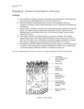 Best Practices Manual
Page 5 of 71



Principle #2 - Evaluate soil and improve, if necessary.
Guidelines

          A. Soil suitability for planting should be evaluated to identify potential soil amendments
             that may improve plant health and survival (see Section Five).
          B. Strip and stockpile existing topsoil prior to major site re-grading. Following
             completion of grading, replace topsoil and improve soil for planting with suitable soil
             amendments.
          C. Improve soil as suitable (see Section Five) before planting and installing the irrigation
             system. Soil improvement promotes better absorption of water, improved water-
             holding capacity and drainage of the soils. It also allows for better oxygen transfer
             within the root zone.
          D. Add organic material to the plant hydrozones, but only as needed. This typically
             means adding organic material for High and Moderate water zones, but not for Low
             and Very Low water zones. pH-balanced examples of organic materials are compost
             (from plants), sphagnum peat and animal manure (other than cow or horse).
          E. Soil preparation should include the breaking up and loosening, or scarification, of soil
             to 6 inches, with incorporation of organic amendments, fertilizer, etc. as specified by
             a landscape designer, landscape architect or soil analysis (Figure 3).

For more information please refer to Section 5, Understanding Soils and Soil Preparation.




                                        Figure 3. Soil Profile
 