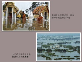 泰國大水氾濫成災，連寺
             廟的佛像也無法倖免




大半的土地泡在水中，
儼然成為水鄉澤國
 