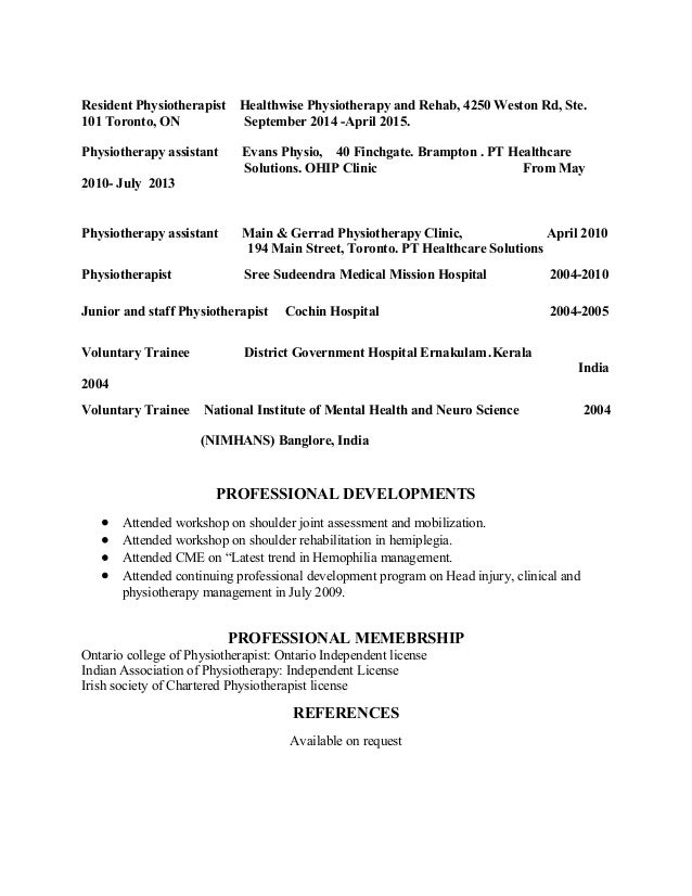 sreejith resume physiotherapist
