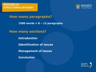 PROCESS OF
STRUCTURING AN ESSAY
How many paragraphs?
1500 words = 8 – 12 paragraphs
How many sections?
Introduction
Identification of issues
Management of issues
Conclusion
 