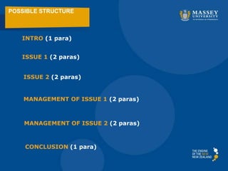 POSSIBLE STRUCTURE
INTRO (1 para)
ISSUE 1 (2 paras)
ISSUE 2 (2 paras)
MANAGEMENT OF ISSUE 1 (2 paras)
MANAGEMENT OF ISSUE 2 (2 paras)
CONCLUSION (1 para)
 