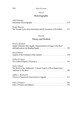 VIII Table of Contents
Part II
Historiography
Adiel Schremer
Stammaitic Historiography 219
Daniel Boyarin
The Yavneh-Cycle of the Stammaim and the Invention of the Rabbis . . . . 237
Part III
Theory and Method
Devora Steinmetz
Agada Unbound: Inter-Agadic Characterization of Sages in the Bavli
and Implications for Reading Agada 293
David Halivni
Aspects of the Formation of the Talmud 339
Joshua Levinson
The Cultural Dignity of Narrative 361
Yaakov Elman
The World of the 'Sabboraim': Cultural Aspects of Post-Redactional
Additions to the Bavli 383
Jeffrey L. Rubenstein
Criteria of Stammaitic Intervention in Aggada 417
Index of Sources 441
Index of Names and Subjects 452
 