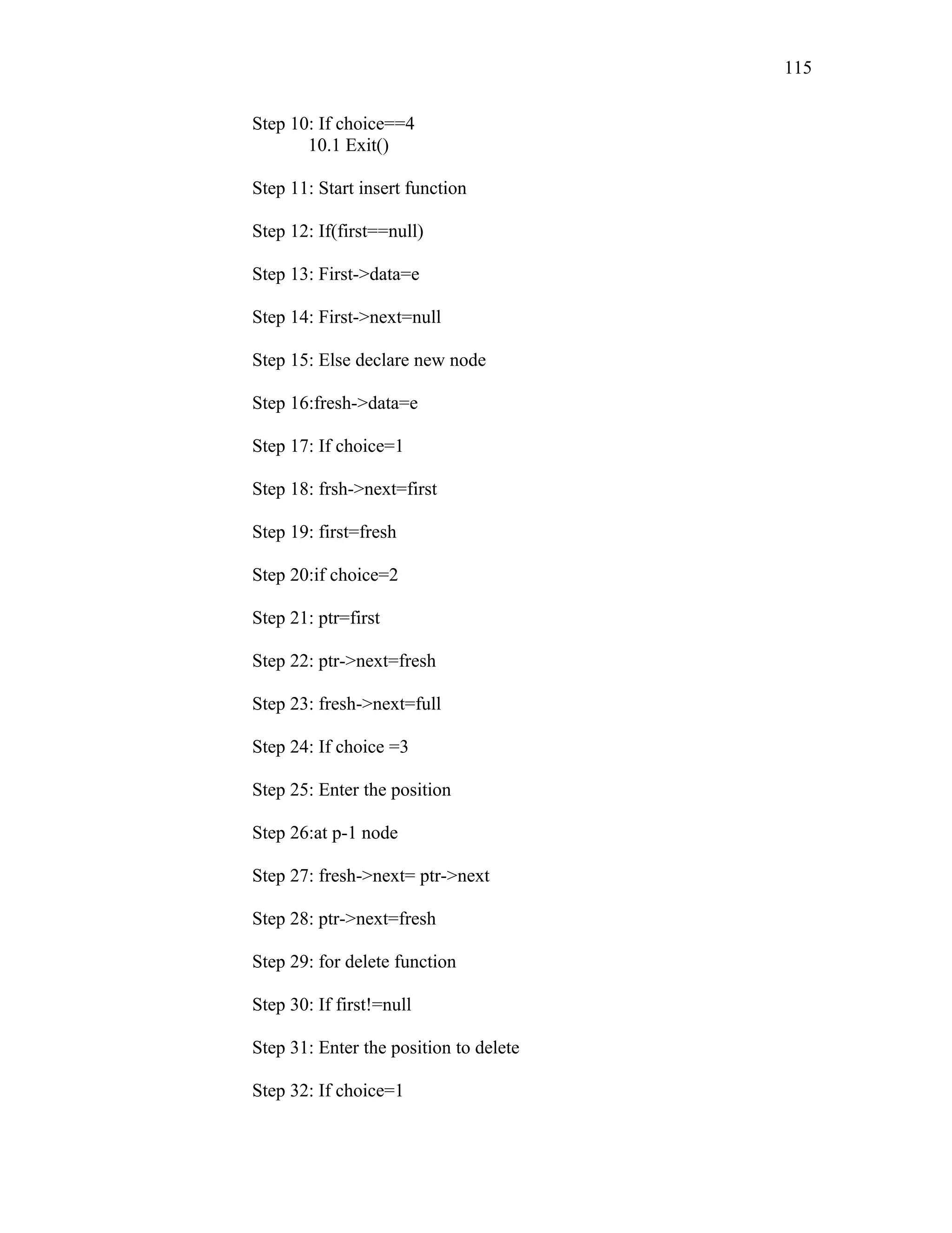 Step 10: If choice==4
10.1 Exit()
Step 11: Start insert function
Step 12: If(first==null)
Step 13: First->data=e
Step 14: First->next=null
Step 15: Else declare new node
Step 16:fresh->data=e
Step 17: If choice=1
Step 18: frsh->next=first
Step 19: first=fresh
Step 20:if choice=2
Step 21: ptr=first
Step 22: ptr->next=fresh
Step 23: fresh->next=full
Step 24: If choice =3
Step 25: Enter the position
Step 26:at p-1 node
Step 27: fresh->next= ptr->next
Step 28: ptr->next=fresh
Step 29: for delete function
Step 30: If first!=null
Step 31: Enter the position to delete
Step 32: If choice=1
115
 