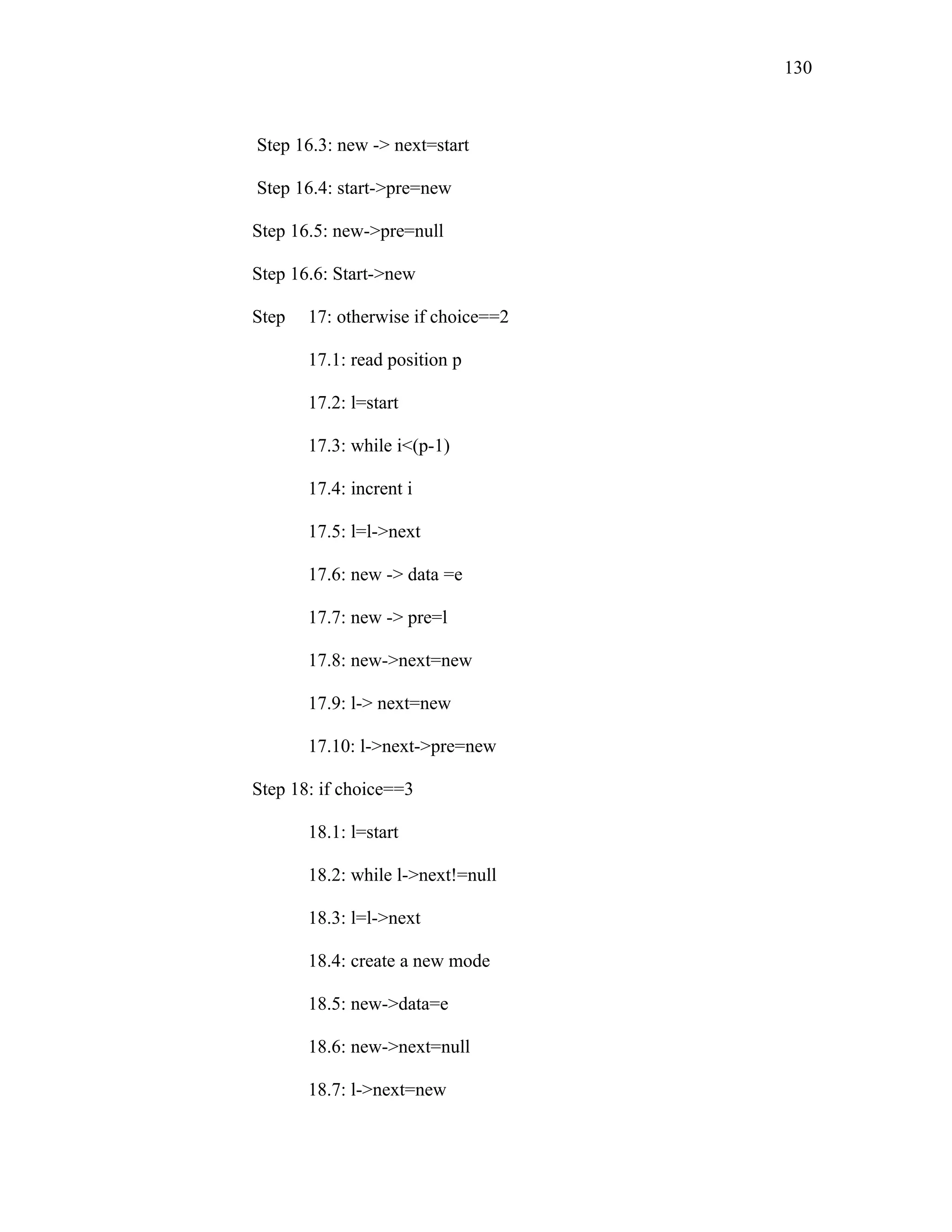Step 16.3: new -> next=start
Step 16.4: start->pre=new
Step 16.5: new->pre=null
Step 16.6: Start->new
Step 17: otherwise if choice==2
17.1: read position p
17.2: l=start
17.3: while i<(p-1)
17.4: incrent i
17.5: l=l->next
17.6: new -> data =e
17.7: new -> pre=l
17.8: new->next=new
17.9: l-> next=new
17.10: l->next->pre=new
Step 18: if choice==3
18.1: l=start
18.2: while l->next!=null
18.3: l=l->next
18.4: create a new mode
18.5: new->data=e
18.6: new->next=null
18.7: l->next=new
130
 
