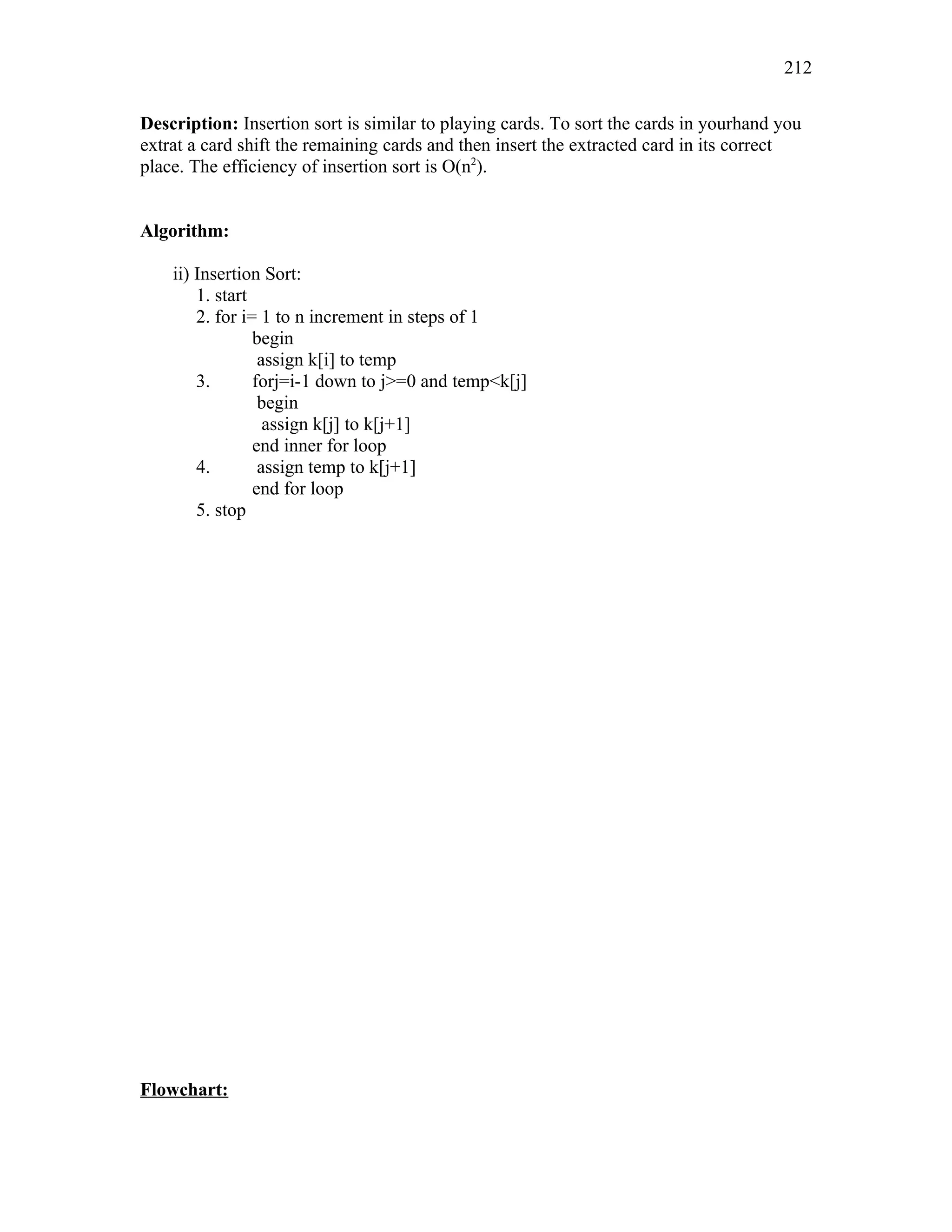Description: Insertion sort is similar to playing cards. To sort the cards in yourhand you
extrat a card shift the remaining cards and then insert the extracted card in its correct
place. The efficiency of insertion sort is O(n2
).
Algorithm:
ii) Insertion Sort:
1. start
2. for i= 1 to n increment in steps of 1
begin
assign k[i] to temp
3. forj=i-1 down to j>=0 and temp<k[j]
begin
assign k[j] to k[j+1]
end inner for loop
4. assign temp to k[j+1]
end for loop
5. stop
Flowchart:
212
 