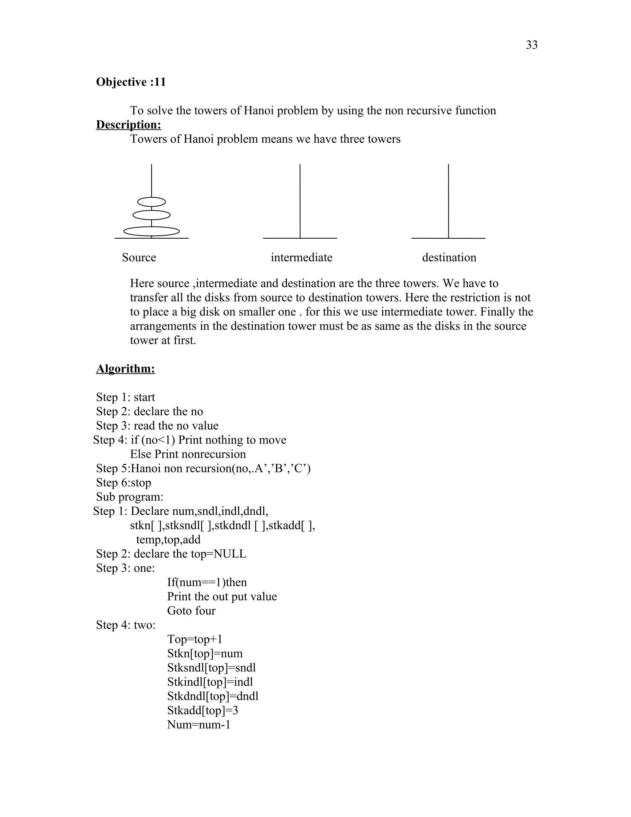 Objective :11
To solve the towers of Hanoi problem by using the non recursive function
Description:
Towers of Hanoi problem means we have three towers
Here source ,intermediate and destination are the three towers. We have to
transfer all the disks from source to destination towers. Here the restriction is not
to place a big disk on smaller one . for this we use intermediate tower. Finally the
arrangements in the destination tower must be as same as the disks in the source
tower at first.
Algorithm:
Step 1: start
Step 2: declare the no
Step 3: read the no value
Step 4: if (no<1) Print nothing to move
Else Print nonrecursion
Step 5:Hanoi non recursion(no,.A’,’B’,’C’)
Step 6:stop
Sub program:
Step 1: Declare num,sndl,indl,dndl,
stkn[ ],stksndl[ ],stkdndl [ ],stkadd[ ],
temp,top,add
Step 2: declare the top=NULL
Step 3: one:
If(num==1)then
Print the out put value
Goto four
Step 4: two:
Top=top+1
Stkn[top]=num
Stksndl[top]=sndl
Stkindl[top]=indl
Stkdndl[top]=dndl
Stkadd[top]=3
Num=num-1
Source intermediate destination
33
 