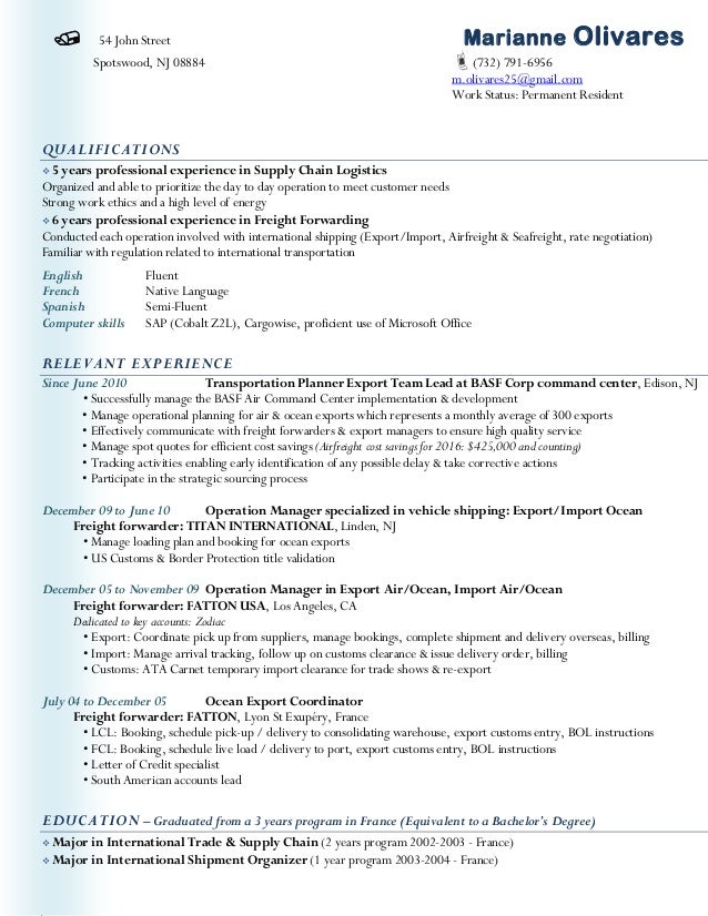 marianne olivares resume freight forwarding resume
