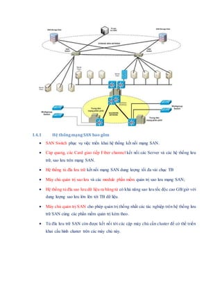 I.4.1 Hệ thống mạng SAN bao gồm
 SAN Switch phục vụ việc triển khai hệ thống kết nối mạng SAN.
 Cáp quang, các Card giao tiếp Fiber channel kết nối các Server và các hệ thống lưu
trữ, sao lưu trên mạng SAN.
 Hệ thống tủ đĩa lưu trữ kết nối mạng SAN dung lượng tối đa vài chục TB
 Máy chủ quản trị sao lưu và các module phần mềm quản trị sao lưu mạng SAN;
 Hệ thống tủ đĩa sao lưu dữ liệu ra băng từ có khả năng sao lưu tốc độc cao GB/giờ với
dung lượng sao lưu lớn lên tới TB dữ liệu.
 Máy chủ quản trị SAN cho phép quản trị thống nhất các tác nghiệp trên hệ thống lưu
trữ SAN cùng các phần mềm quản trị kèm theo.
 Tủ đĩa lưu trữ SAN còn được kết nối tới các cặp máy chủ cần cluster để có thể triển
khai cấu hình cluster trên các máy chủ này.
 