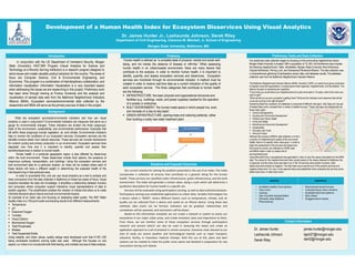 Poster template by ResearchPosters.co.za
Development of a Human Health Index for Ecosystem Disservices Using Visual Analytics
Dr. James Hunter Jr., Lashaunda Johnson, Derek Riley
Department of Civil Engineering, Clarence M. Mitchell, Jr. School of Engineering
Morgan State University, Baltimore, MD
Introduction
In conjunction with the US Department of Homeland Security, Morgan
State University’s VAST-MSI Program (Visual Analytics for Science and
Technology at a Minority Serving Institution) is a research program designed to
solve issues and create valuable product solutions for the country. The areas of
focus are Computer Science, Civil & Environmental Engineering, and
Economics. This program is a combination of interdisciplinary collaboration, and
information visualization. Information Visualization is a very important aspect
when addressing the issues we are researching in this project. Preliminary work
has been done through training at Purdue University and the analysis and
visualization of sample data sets from the Baltimore Neighborhood Indicators
Alliance (BNIA). Ecosystem services/environmental data collected by the
researchers and BNIA will serve as the primary sources of data in this project.
Background
Contact Information
Problems
Human health is defined as “a complete state of physical, mental and social well-
being, and not merely the absence of disease or infirmity.” When assessing
human health in an urban/coastal environment, there are many factors that
contribute to the analysis. In order to monitor human health, it is important to
identify, quantify, and assess ecosystem services and disservices. Ecosystem
services are monitored through its environmental indicator. A method must be
created in order to receive real-time data as a current indication of the quality of
each ecosystem service. The three categories that contribute to human health
are the following:
 INFRASTRUCTURE: the basic physical and organizational structures and
facilities (e.g., buildings, roads, and power supplies) needed for the operation
of a society or enterprise.
 BUILT ENVIRONMENT: “the human-made space in which people live, work,
and recreate on a day-to-day basis”.
 GREEN INFRASTRUCTURE: planting trees and restoring wetlands, rather
than building a costly new water treatment plant.
Solutions and Expected Outcomes
Our preliminary data collection began by focusing on the surrounding neighborhood where
Morgan State University is located. With a population of 16, 643, the Northwood area includes
the following neighborhoods: Hillen, Montebello, Morgan State University, New Northwood,
Original Northwood, Perring Loch, and Stonewood-Pentwood-Winston. The data collection was
a comprehensive gathering of participatory sensor data, and database results. The database
collection was from the Baltimore Neighborhood Indicator Alliance.
The Baltimore Neighborhood Indicator Alliance (BNIA), founded in 2000, is a study focus group comprised
of citywide nonprofit organizations, municipal government agencies, neighborhoods, and foundations. The
alliance focuses on answering two questions:
“If you knew you would leave your neighborhood and could come back in 10 years, what is the vision you
want to see?”
“What will tell you we are successful is getting there? What are the indicators and measures that will tell
us we are moving in the right direction?”
Answering these two questions, the database is composed of different vital signs. Vital Signs are “groups
of related data points, compiled from a variety of reliable sources. ”These vital signs are categorized into
these major signs:
 Census Demographics
 Housing and Community Development
 Children and Family Health
 Crime and Safety
 Workforce and Economic Development
 Sustainability
 Education and Youth
 Arts and Culture
Although the purpose of BNIA’s data collection is to form
a picture of a neighborhood’s quality of life and overall
Health, there is no specific index value given. In order to
begin the assessment of the services and disservices
that would be scored, we collected our NODE data
and BNIA’s data in order to create a list of
services/disservices:
Using Microsoft Excel, a spreadsheet was generated in order to input the values calculated from the BNIA
data. The values for the neighborhood were then scored based on the values obtained for Baltimore City
(in general), and the index score was taken out of 100. All services were positive numbers, while
disservices were entered as negative. The total index score was the sum of the positive services and
negative disservices. For now, a more general rating was established when evaluating the services score,
disservices score, or total index score:
Dr. James Hunter
Lashaunda Johnson
Derek Riley
james.hunter@morgan.edu
lajoh27@morgan.edu
deril2@morgan.edu
What are ecosystem services/environmental indicators and how can visual
analytics is used in conjunction? Environmental Indicators are measures that serve as a
gauge for environmental changes. These indicators are divided into three subgroups:
state of the environment, sustainability, and environmental performance. Examples that
fall within these subgroups include vegetation, air, and climate. Environmental indicators
help to monitor the conditions of our ecosystem services. Ecosystem services are the
benefits humans obtain from natural resources. These services can include mechanisms
for nutrient cycling and primary production in our environment. Ecosystem services have
degraded over time and it is important to identify, quantify and assess their
benefits/disservices in relation to human health.
Human health in a particular geographic region is also affected by disservices
within the built environment. These disservices include food options, the presence of
impervious surfaces, transportation, and buildings. Using the ecosystem services and
built environment data for a particular location, an index will be created where each of
these factors will have a different weight in determining the expected health of the
individuals living in that particular area.
In order to accomplish this, one can use visual analytics as a tool to analyze and
draw conclusions from the data collected in Baltimore on these two areas of focus. Visual
analytics translates the data into knowledge. It simplifies a relationship between humans
and computers where computers support interactive visual representations of data to
amplify cognition. This amplification enables the creation of indices that allow us to make
informed decisions about natural and built environmental impacts.
An example of an index was one focusing on assessing water quality. The NSF Water
Quality index is a 100 point scale summarizing results from different measurements:
 Temperature
 pH
 Dissolved Oxygen
 Turbidity
 Fecal Coliform
 Biochemical Oxygen
 Total Phosphates
 Nitrates
 Total Suspended Solids
Using weights, and index values, quality ratings were developed such that 0-100 (100
being considered excellent) scoring scale was used. Although this focuses on one
aspect, our index is to incorporate both field testing, and multiple sources of data analysis.
Our current solution for solving the problem presented is the use of an index. This index
incorporates a collection of services that contribute to a general rating for the human
health. These services are classified under infrastructure, green infrastructure, and the built
environment. The index will generate a certain value, along a scale which will determine a
qualitative description for human health in a specific are.
Services will be evaluated using participatory sensing, as well as data collection/analysis.
Participatory sensing uses established applications to collect data. Variable Technologies has
a device called a “NODE”, where different factors such as temperature, climate, and air
quality can be collected from a device and saved on an iPhone device. Using these two
methods, data charts can be formed, indicators can be graphed, relationships and
correlations will be assessed, and conclusions will be drawn.
Based on the information compiled, we can create a network or system to assess our
ecosystems in our major urban areas, and create monetary value and importance to them.
From there, we can monitor some of these ecosystem services through participatory
research and sensors (which can also be used in assessing the value) and create an
application approach to a set of protocol in certain scenarios. Scenarios most relevant to our
area of study are severe weather and technological hazards such as major transport,
industrial, facility, or hazardous material mishaps. With the use of GIS, plans and alert
systems can be created to make the public more aware and detailed in preparation for any
evacuations during such attacks.
Preliminary Tasks and Data Collection
SERVICES DISSERVICES
• Available healthy food options
• Tree cover
• Literacy
• Use of public transportation
• Climactic data (Natural
Phenomena)
• Abandoned/vacant homes
• Licensed liquor store vendors
• Available fast food options
• Dirty street
• Clogged storm drains
 