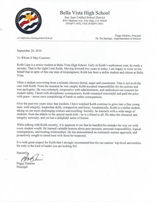 High School Principal Letter of Recommendation 