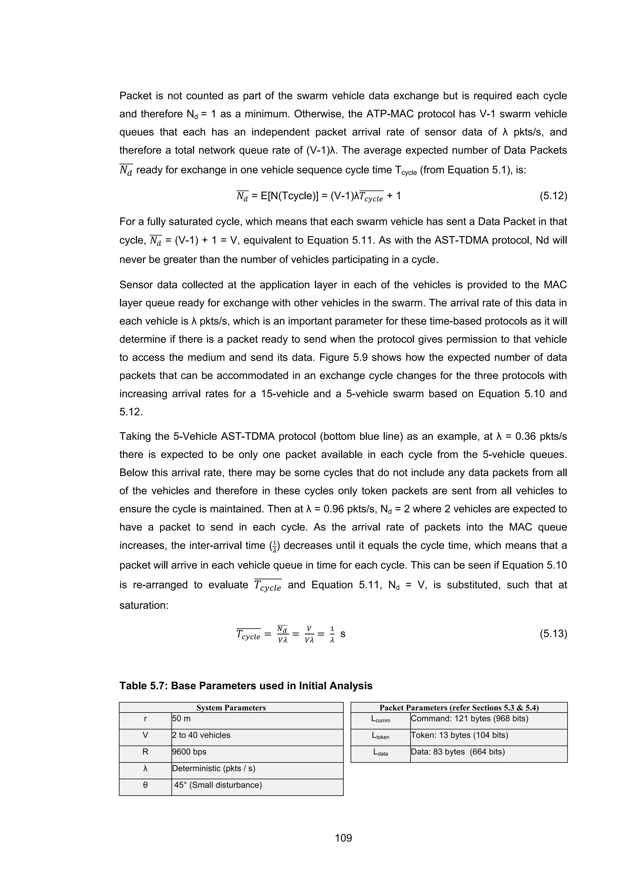109
Packet is not counted as part of the swarm vehicle data exchange but is required each cycle
and therefore Nd = 1 as a minimum. Otherwise, the ATP-MAC protocol has V-1 swarm vehicle
queues that each has an independent packet arrival rate of sensor data of λ pkts/s, and
therefore a total network queue rate of (V-1)λ. The average expected number of Data Packets
𝑁 𝑑
���� ready for exchange in one vehicle sequence cycle time Tcycle (from Equation 5.1), is:
𝑁𝑑
���� = E[N(Tcycle)] = (V-1)λ𝑇𝑐𝑦𝑐𝑙𝑒
������� + 1 (5.12)
For a fully saturated cycle, which means that each swarm vehicle has sent a Data Packet in that
cycle, 𝑁𝑑
���� = (V-1) + 1 = V, equivalent to Equation 5.11. As with the AST-TDMA protocol, Nd will
never be greater than the number of vehicles participating in a cycle.
Sensor data collected at the application layer in each of the vehicles is provided to the MAC
layer queue ready for exchange with other vehicles in the swarm. The arrival rate of this data in
each vehicle is λ pkts/s, which is an important parameter for these time-based protocols as it will
determine if there is a packet ready to send when the protocol gives permission to that vehicle
to access the medium and send its data. Figure 5.9 shows how the expected number of data
packets that can be accommodated in an exchange cycle changes for the three protocols with
increasing arrival rates for a 15-vehicle and a 5-vehicle swarm based on Equation 5.10 and
5.12.
Taking the 5-Vehicle AST-TDMA protocol (bottom blue line) as an example, at λ = 0.36 pkts/s
there is expected to be only one packet available in each cycle from the 5-vehicle queues.
Below this arrival rate, there may be some cycles that do not include any data packets from all
of the vehicles and therefore in these cycles only token packets are sent from all vehicles to
ensure the cycle is maintained. Then at λ = 0.96 pkts/s, Nd = 2 where 2 vehicles are expected to
have a packet to send in each cycle. As the arrival rate of packets into the MAC queue
increases, the inter-arrival time (1
𝜆
) decreases until it equals the cycle time, which means that a
packet will arrive in each vehicle queue in time for each cycle. This can be seen if Equation 5.10
is re-arranged to evaluate 𝑇𝑐𝑦𝑐𝑙𝑒
������� and Equation 5.11, Nd = V, is substituted, such that at
saturation:
𝑇𝑐𝑦𝑐𝑙𝑒
������� =
𝑁 𝑑����
𝑉𝜆
=
𝑉
𝑉𝜆
=
1
𝜆
s (5.13)
Table 5.7: Base Parameters used in Initial Analysis
System Parameters Packet Parameters (refer Sections 5.3 & 5.4)
r 50 m Lcomm Command: 121 bytes (968 bits)
V 2 to 40 vehicles Ltoken Token: 13 bytes (104 bits)
R 9600 bps Ldata Data: 83 bytes (664 bits)
λ Deterministic (pkts / s)
θ 45° (Small disturbance)
 