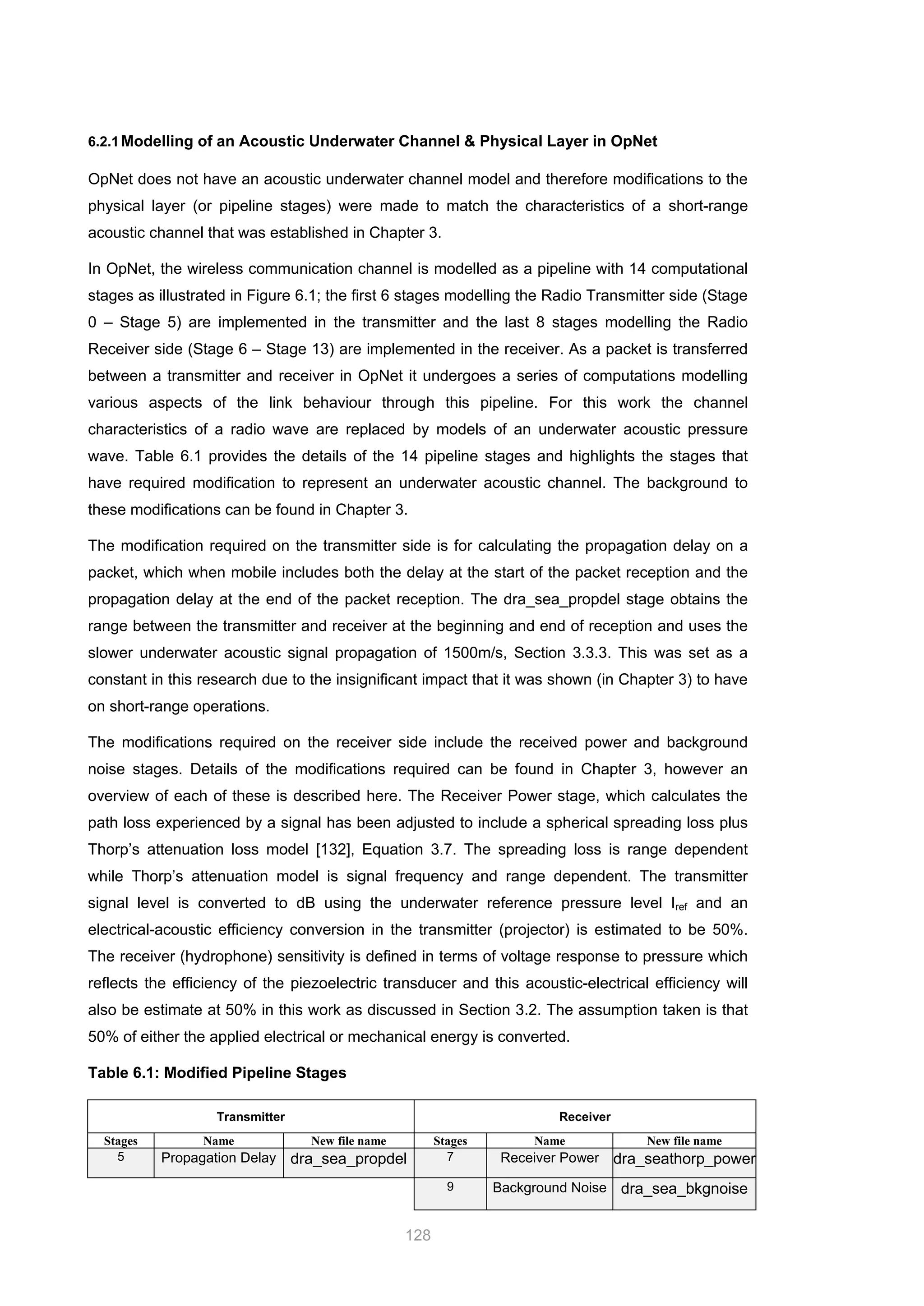 128
6.2.1Modelling of an Acoustic Underwater Channel & Physical Layer in OpNet
OpNet does not have an acoustic underwater channel model and therefore modifications to the
physical layer (or pipeline stages) were made to match the characteristics of a short-range
acoustic channel that was established in Chapter 3.
In OpNet, the wireless communication channel is modelled as a pipeline with 14 computational
stages as illustrated in Figure 6.1; the first 6 stages modelling the Radio Transmitter side (Stage
0 – Stage 5) are implemented in the transmitter and the last 8 stages modelling the Radio
Receiver side (Stage 6 – Stage 13) are implemented in the receiver. As a packet is transferred
between a transmitter and receiver in OpNet it undergoes a series of computations modelling
various aspects of the link behaviour through this pipeline. For this work the channel
characteristics of a radio wave are replaced by models of an underwater acoustic pressure
wave. Table 6.1 provides the details of the 14 pipeline stages and highlights the stages that
have required modification to represent an underwater acoustic channel. The background to
these modifications can be found in Chapter 3.
The modification required on the transmitter side is for calculating the propagation delay on a
packet, which when mobile includes both the delay at the start of the packet reception and the
propagation delay at the end of the packet reception. The dra_sea_propdel stage obtains the
range between the transmitter and receiver at the beginning and end of reception and uses the
slower underwater acoustic signal propagation of 1500m/s, Section 3.3.3. This was set as a
constant in this research due to the insignificant impact that it was shown (in Chapter 3) to have
on short-range operations.
The modifications required on the receiver side include the received power and background
noise stages. Details of the modifications required can be found in Chapter 3, however an
overview of each of these is described here. The Receiver Power stage, which calculates the
path loss experienced by a signal has been adjusted to include a spherical spreading loss plus
Thorp’s attenuation loss model [132], Equation 3.7. The spreading loss is range dependent
while Thorp’s attenuation model is signal frequency and range dependent. The transmitter
signal level is converted to dB using the underwater reference pressure level Iref and an
electrical-acoustic efficiency conversion in the transmitter (projector) is estimated to be 50%.
The receiver (hydrophone) sensitivity is defined in terms of voltage response to pressure which
reflects the efficiency of the piezoelectric transducer and this acoustic-electrical efficiency will
also be estimate at 50% in this work as discussed in Section 3.2. The assumption taken is that
50% of either the applied electrical or mechanical energy is converted.
Table 6.1: Modified Pipeline Stages
Transmitter Receiver
Stages Name New file name Stages Name New file name
5 Propagation Delay dra_sea_propdel 7 Receiver Power dra_seathorp_power
9 Background Noise dra_sea_bkgnoise
 