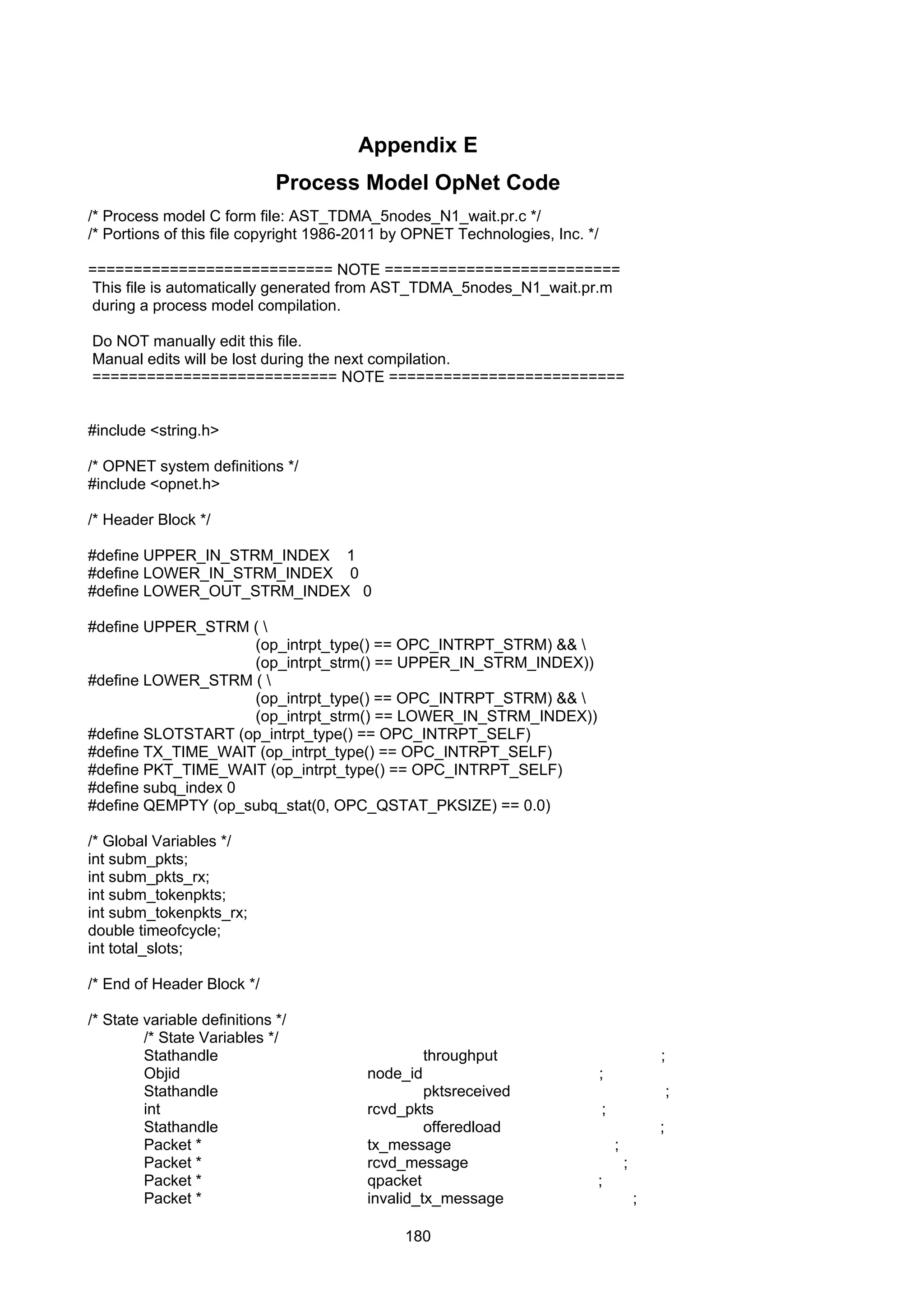 180
Appendix E
Process Model OpNet Code
/* Process model C form file: AST_TDMA_5nodes_N1_wait.pr.c */
/* Portions of this file copyright 1986-2011 by OPNET Technologies, Inc. */
=========================== NOTE ==========================
This file is automatically generated from AST_TDMA_5nodes_N1_wait.pr.m
during a process model compilation.
Do NOT manually edit this file.
Manual edits will be lost during the next compilation.
=========================== NOTE ==========================
#include <string.h>
/* OPNET system definitions */
#include <opnet.h>
/* Header Block */
#define UPPER_IN_STRM_INDEX 1
#define LOWER_IN_STRM_INDEX 0
#define LOWER_OUT_STRM_INDEX 0
#define UPPER_STRM ( 
(op_intrpt_type() == OPC_INTRPT_STRM) && 
(op_intrpt_strm() == UPPER_IN_STRM_INDEX))
#define LOWER_STRM ( 
(op_intrpt_type() == OPC_INTRPT_STRM) && 
(op_intrpt_strm() == LOWER_IN_STRM_INDEX))
#define SLOTSTART (op_intrpt_type() == OPC_INTRPT_SELF)
#define TX_TIME_WAIT (op_intrpt_type() == OPC_INTRPT_SELF)
#define PKT_TIME_WAIT (op_intrpt_type() == OPC_INTRPT_SELF)
#define subq_index 0
#define QEMPTY (op_subq_stat(0, OPC_QSTAT_PKSIZE) == 0.0)
/* Global Variables */
int subm_pkts;
int subm_pkts_rx;
int subm_tokenpkts;
int subm_tokenpkts_rx;
double timeofcycle;
int total_slots;
/* End of Header Block */
/* State variable definitions */
/* State Variables */
Stathandle throughput ;
Objid node_id ;
Stathandle pktsreceived ;
int rcvd_pkts ;
Stathandle offeredload ;
Packet * tx_message ;
Packet * rcvd_message ;
Packet * qpacket ;
Packet * invalid_tx_message ;
 