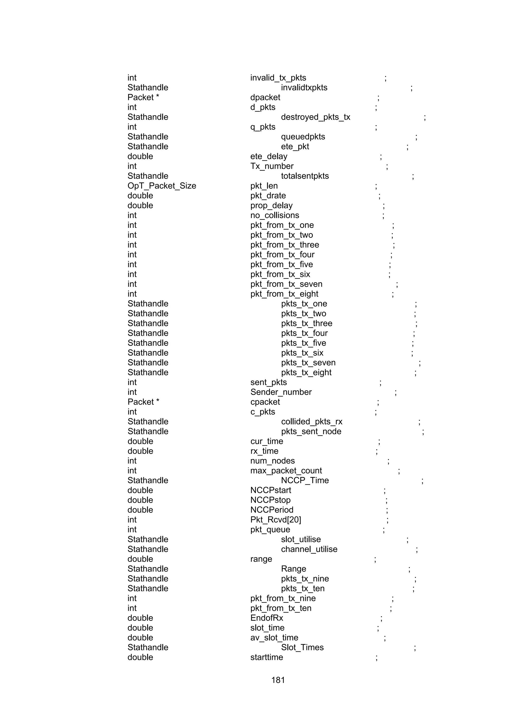181
int invalid_tx_pkts ;
Stathandle invalidtxpkts ;
Packet * dpacket ;
int d_pkts ;
Stathandle destroyed_pkts_tx ;
int q_pkts ;
Stathandle queuedpkts ;
Stathandle ete_pkt ;
double ete_delay ;
int Tx_number ;
Stathandle totalsentpkts ;
OpT_Packet_Size pkt_len ;
double pkt_drate ;
double prop_delay ;
int no_collisions ;
int pkt_from_tx_one ;
int pkt_from_tx_two ;
int pkt_from_tx_three ;
int pkt_from_tx_four ;
int pkt_from_tx_five ;
int pkt_from_tx_six ;
int pkt_from_tx_seven ;
int pkt_from_tx_eight ;
Stathandle pkts_tx_one ;
Stathandle pkts_tx_two ;
Stathandle pkts_tx_three ;
Stathandle pkts_tx_four ;
Stathandle pkts_tx_five ;
Stathandle pkts_tx_six ;
Stathandle pkts_tx_seven ;
Stathandle pkts_tx_eight ;
int sent_pkts ;
int Sender_number ;
Packet * cpacket ;
int c_pkts ;
Stathandle collided_pkts_rx ;
Stathandle pkts_sent_node ;
double cur_time ;
double rx_time ;
int num_nodes ;
int max_packet_count ;
Stathandle NCCP_Time ;
double NCCPstart ;
double NCCPstop ;
double NCCPeriod ;
int Pkt_Rcvd[20] ;
int pkt_queue ;
Stathandle slot_utilise ;
Stathandle channel_utilise ;
double range ;
Stathandle Range ;
Stathandle pkts_tx_nine ;
Stathandle pkts_tx_ten ;
int pkt_from_tx_nine ;
int pkt_from_tx_ten ;
double EndofRx ;
double slot_time ;
double av_slot_time ;
Stathandle Slot_Times ;
double starttime ;
 