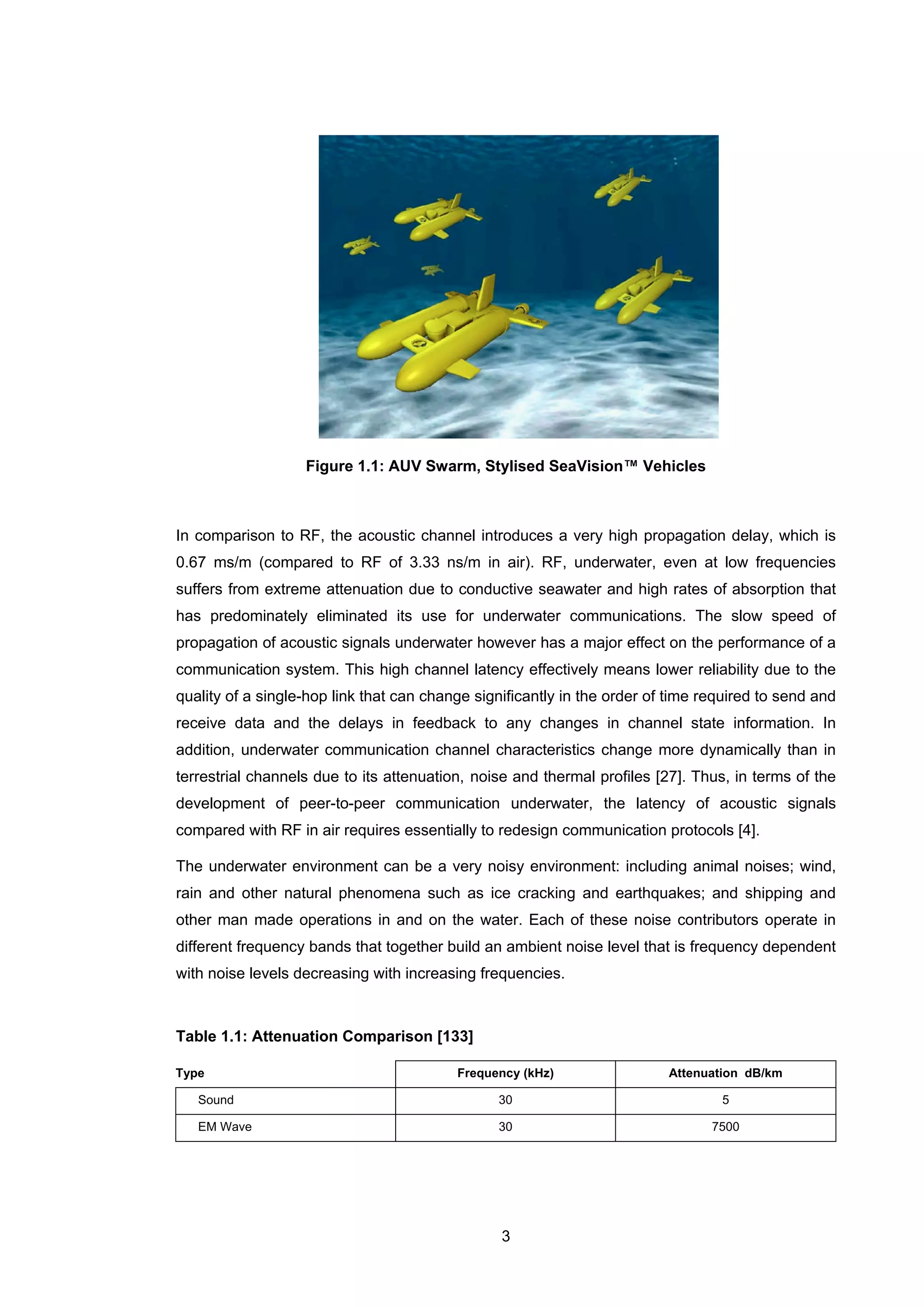 3
Figure 1.1: AUV Swarm, Stylised SeaVision™ Vehicles
In comparison to RF, the acoustic channel introduces a very high propagation delay, which is
0.67 ms/m (compared to RF of 3.33 ns/m in air). RF, underwater, even at low frequencies
suffers from extreme attenuation due to conductive seawater and high rates of absorption that
has predominately eliminated its use for underwater communications. The slow speed of
propagation of acoustic signals underwater however has a major effect on the performance of a
communication system. This high channel latency effectively means lower reliability due to the
quality of a single-hop link that can change significantly in the order of time required to send and
receive data and the delays in feedback to any changes in channel state information. In
addition, underwater communication channel characteristics change more dynamically than in
terrestrial channels due to its attenuation, noise and thermal profiles [27]. Thus, in terms of the
development of peer-to-peer communication underwater, the latency of acoustic signals
compared with RF in air requires essentially to redesign communication protocols [4].
The underwater environment can be a very noisy environment: including animal noises; wind,
rain and other natural phenomena such as ice cracking and earthquakes; and shipping and
other man made operations in and on the water. Each of these noise contributors operate in
different frequency bands that together build an ambient noise level that is frequency dependent
with noise levels decreasing with increasing frequencies.
Table 1.1: Attenuation Comparison [133]
Type Frequency (kHz) Attenuation dB/km
Sound 30 5
EM Wave 30 7500
 