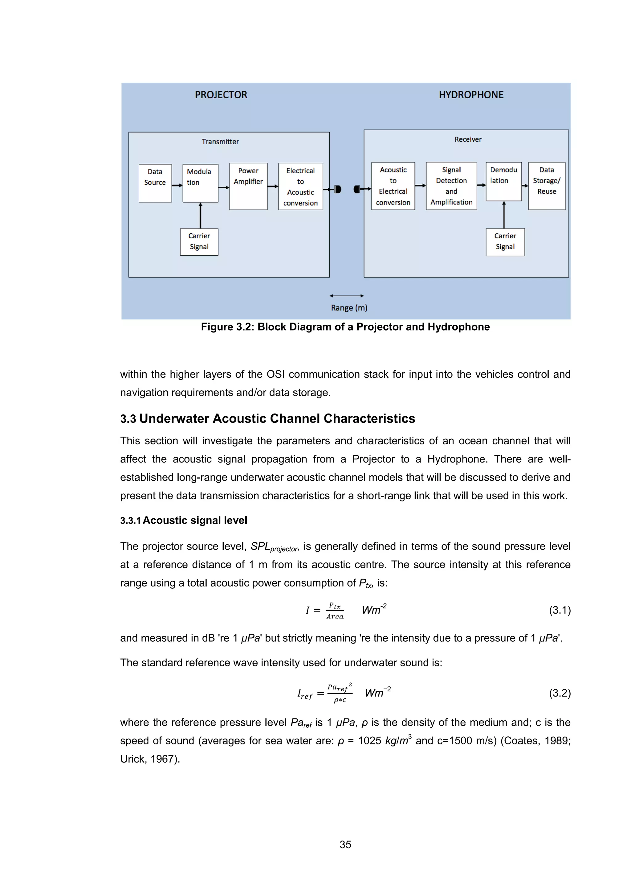 35
Figure 3.2: Block Diagram of a Projector and Hydrophone
within the higher layers of the OSI communication stack for input into the vehicles control and
navigation requirements and/or data storage.
3.3 Underwater Acoustic Channel Characteristics
This section will investigate the parameters and characteristics of an ocean channel that will
affect the acoustic signal propagation from a Projector to a Hydrophone. There are well-
established long-range underwater acoustic channel models that will be discussed to derive and
present the data transmission characteristics for a short-range link that will be used in this work.
3.3.1Acoustic signal level
The projector source level, SPLprojector, is generally defined in terms of the sound pressure level
at a reference distance of 1 m from its acoustic centre. The source intensity at this reference
range using a total acoustic power consumption of Ptx, is:
𝐼 =
𝑃 𝑡𝑥
𝐴𝑟𝑒𝑎
Wm-2
(3.1)
and measured in dB 're 1 μPa' but strictly meaning 're the intensity due to a pressure of 1 μPa'.
The standard reference wave intensity used for underwater sound is:
𝐼𝑟𝑒𝑓 =
𝑃𝑎 𝑟𝑒𝑓
2
𝜌∗𝑐
Wm−2
(3.2)
where the reference pressure level Paref is 1 μPa, ρ is the density of the medium and; c is the
speed of sound (averages for sea water are: ρ = 1025 kg/m3
and c=1500 m/s) (Coates, 1989;
Urick, 1967).
 