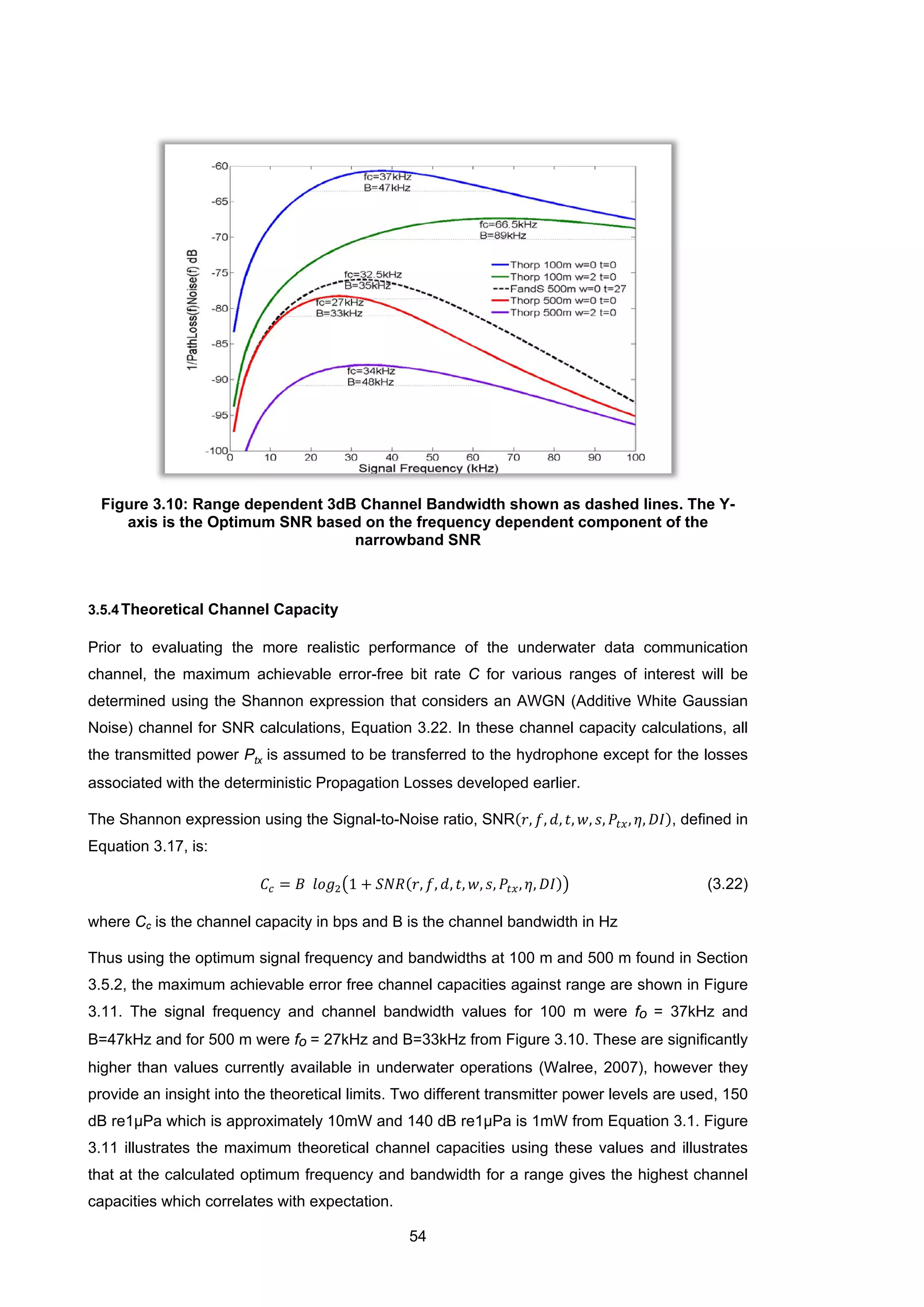 54
Figure 3.10: Range dependent 3dB Channel Bandwidth shown as dashed lines. The Y-
axis is the Optimum SNR based on the frequency dependent component of the
narrowband SNR
3.5.4Theoretical Channel Capacity
Prior to evaluating the more realistic performance of the underwater data communication
channel, the maximum achievable error-free bit rate C for various ranges of interest will be
determined using the Shannon expression that considers an AWGN (Additive White Gaussian
Noise) channel for SNR calculations, Equation 3.22. In these channel capacity calculations, all
the transmitted power Ptx is assumed to be transferred to the hydrophone except for the losses
associated with the deterministic Propagation Losses developed earlier.
The Shannon expression using the Signal-to-Noise ratio, SNR(𝑟, 𝑓, 𝑑, 𝑡, 𝑤, 𝑠, 𝑃𝑡𝑥, 𝜂, 𝐷𝐼), defined in
Equation 3.17, is:
𝐶𝑐 = 𝐵 𝑙𝑜𝑔2�1 + 𝑆𝑁𝑅(𝑟, 𝑓, 𝑑, 𝑡, 𝑤, 𝑠, 𝑃𝑡𝑥, 𝜂, 𝐷𝐼)� (3.22)
where Cc is the channel capacity in bps and B is the channel bandwidth in Hz  
Thus using the optimum signal frequency and bandwidths at 100 m and 500 m found in Section
3.5.2, the maximum achievable error free channel capacities against range are shown in Figure
3.11. The signal frequency and channel bandwidth values for 100 m were fo = 37kHz and
B=47kHz and for 500 m were fo = 27kHz and B=33kHz from Figure 3.10. These are significantly
higher than values currently available in underwater operations (Walree, 2007), however they
provide an insight into the theoretical limits. Two different transmitter power levels are used, 150
dB re1μPa which is approximately 10mW and 140 dB re1μPa is 1mW from Equation 3.1. Figure
3.11 illustrates the maximum theoretical channel capacities using these values and illustrates
that at the calculated optimum frequency and bandwidth for a range gives the highest channel
capacities which correlates with expectation.
 