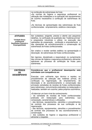 PERFIL DE COMPETÊNCIAS
REFERENCIAL DE FORMAÇÃO DE COZINHEIRO/A
102
na confecção de sobremesas de fruta;
• As normas de higiene e segurança profissional na
utilização das instalações e na operação dos equipamentos
de cozinha necessários à confecção de sobremesas de
fruta;
• As técnicas de apresentação das sobremesas de fruta
confeccionadas: empratamento, estética e decoração;
ATITUDES
*Unidade Sócio-
profissional
Qualidades Pessoais e
Empregabilidade
Ser cuidadoso, exigente, preciso e atento aos pequenos
detalhes, na verificação da qualidade das “matérias-primas”
e preparados industriais a utilizar, na execução das
operações de preparação, confecção e empratamento e
das operações de acondicionamento e conservação de
sobremesas de frutas confeccionadas.
Ser criativo e revelar sentido estético na apresentação e
decoração de sobremesas de frutas confeccionadas.
Ser rigoroso, disciplinado e responsável, no cumprimento
das normas de higiene e segurança profissional e alimentar
aplicáveis ao processo de confecção de frutas para
sobremesa.
CRITÉRIOS
DE
DESEMPENHO
Considera-se que o profissional desempenha esta
actividade com competência se:
Executar, com suficiente rigor técnico e rapidez, os
procedimentos de selecção das matérias primas, de
confecção ou regeneração, de empratamento, de
decoração e de acondicionamento e conservação das
principais variedades de receitas de frutas confeccionadas
para sobremesa, comummente praticadas na restauração e
realizadas, também em cozinha, pelos próprios cozinheiros;
• Evidenciar um bom nível de conhecimento:
- da variedade de receitas de frutas confeccionadas
praticada em restauração para sobremesa, sua
composição, características e utilizações;
- das técnicas, equipamentos, utensílios e procedimentos
de controlo dos processos da sua confecção e de
regeneração;
- das técnicas, equipamentos, utensílios e procedimentos
de controlo dos processos do seu acondicionamento e
conservação;
- dos cuidados de higiene e segurança profissional e
alimentar a respeitar.
 