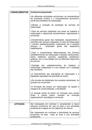 PERFIL DE COMPETÊNCIAS
REFERENCIAL DE FORMAÇÃO DE COZINHEIRO/A
109
CONHECIMENTOS Conhecer/compreender:
• As diferentes actividades económicas, as características
da actividade turística e o enquadramento económico-
social das profissões de restauração;
• Génese e evolução da prestação de serviços de
restauração;
• Tipos de serviços integrados nas áreas da hotelaria e
restauração e respectivas características, organizativas e
funcionais;
• Características gerais das instalações, equipamentos e
utensílios dos serviços integrados na área da restauração
( cozinha, pastelaria-padaria, restaurante, bar e secções
anexas) e atribuições gerais dos respectivos
trabalhadores;
• Tipos e características diferenciadoras dos diversos
estabelecimentos de restauração e bebidas (restaurantes,
bares, cafetarias, pizzarias, pastelarias, pastelarias-
padarias, etc.) e sua relação com os diferentes segmentos
de procura;
• Tipologia dos estabelecimentos de hotelaria e
restauração (categorias) e a sua relação com a tipologia
das clientelas;
• O licenciamento das actividades de restauração e a
legislação reguladora da actividade do sector;
• Os circuitos de distribuição dos produtos alimentares, do
produtor ao consumidor
• A formação dos preços em restauração, as opções e
margens de comercialização, a fiscalidade;
• A situação actual do sector em Portugal, seus pontos
fortes e pontos fracos, sentidos de evolução
organizacional, tecnológica e comercial.
ATITUDES Ser interessado em conhecer e compreender a macro
estrutura económica em que se situa a sua actividade
profissional e integrar-se nos objectivos da mesma.
Ser interessado em conhecer a diversidade de serviços
envolvidos na área onde se situa a sua actividade
profissional.
 