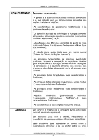 PERFIL DE COMPETÊNCIAS
REFERENCIAL DE FORMAÇÃO DE COZINHEIRO/A
115
CONHECIMENTOS Conhecer / compreender:
• A génese e a evolução dos hábitos e culturas alimentares
e a sua relação com as características concretas das
regiões, tradições e religiões;
• As características da gastronomia mediterrânica e da
gastronomia portuguesa;
• Os conceitos básicos de alimentação e nutrição: alimento,
alimentação, alimentação saudável, nutrientes (energéticos,
plásticos, reguladores), ração;
• Classificação dos diferentes alimentos do ponto de vista
nutricional (Tabela dos Alimentos Portugueses e Nova Roda
dos Alimentos);
• O cálculo duma ração diária para um regime normal
(“Tabela de Cálculo de Rações Normais”);
• Os princípios fundamentais da dietética: quantidade,
qualidade, harmonia e adequação ao organismo; dietética
geral e especial e sua aplicação em restauração; capitações
• a composição e o equilíbrio alimentar das receitas, das
ementas e das dietas alimentares; erros alimentares mais
comuns;
• As principais dietas terapêuticas, suas características e
finalidades;
• As principais dietas religiosas (muçulmanas, judias, hindus,
...), suas características e finalidades;
• As principais dietas desportivas, suas características e
finalidades;
• Algumas tendências gastronómicas modernas
(vegetarianas, macrobióticas, “fast-food”,...), suas
características e finalidades;
• As características e os exemplos de cozinha criativa.
ATITUDES Ser sensível à importância e vantagens duma alimentação
racional, saudável e agradável.
Ser atencioso para com o cliente, interpretando e
respeitando as suas necessidades alimentares específicas.
Estar disponível para aconselhar os outros sobre a
racionalidade alimentar e de os alertar sobre os erros
 