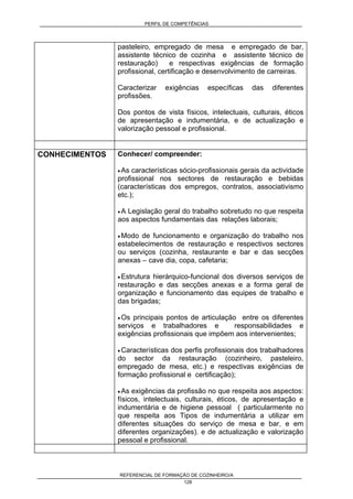 PERFIL DE COMPETÊNCIAS
REFERENCIAL DE FORMAÇÃO DE COZINHEIRO/A
128
pasteleiro, empregado de mesa e empregado de bar,
assistente técnico de cozinha e assistente técnico de
restauração) e respectivas exigências de formação
profissional, certificação e desenvolvimento de carreiras.
Caracterizar exigências específicas das diferentes
profissões.
Dos pontos de vista físicos, intelectuais, culturais, éticos
de apresentação e indumentária, e de actualização e
valorização pessoal e profissional.
CONHECIMENTOS Conhecer/ compreender:
• As características sócio-profissionais gerais da actividade
profissional nos sectores de restauração e bebidas
(características dos empregos, contratos, associativismo
etc.);
• A Legislação geral do trabalho sobretudo no que respeita
aos aspectos fundamentais das relações laborais;
• Modo de funcionamento e organização do trabalho nos
estabelecimentos de restauração e respectivos sectores
ou serviços (cozinha, restaurante e bar e das secções
anexas – cave dia, copa, cafetaria;
• Estrutura hierárquico-funcional dos diversos serviços de
restauração e das secções anexas e a forma geral de
organização e funcionamento das equipes de trabalho e
das brigadas;
• Os principais pontos de articulação entre os diferentes
serviços e trabalhadores e responsabilidades e
exigências profissionais que impõem aos intervenientes;
• Características dos perfis profissionais dos trabalhadores
do sector da restauração (cozinheiro, pasteleiro,
empregado de mesa, etc.) e respectivas exigências de
formação profissional e certificação);
• As exigências da profissão no que respeita aos aspectos:
físicos, intelectuais, culturais, éticos, de apresentação e
indumentária e de higiene pessoal ( particularmente no
que respeita aos Tipos de indumentária a utilizar em
diferentes situações do serviço de mesa e bar, e em
diferentes organizações). e de actualização e valorização
pessoal e profissional.
 