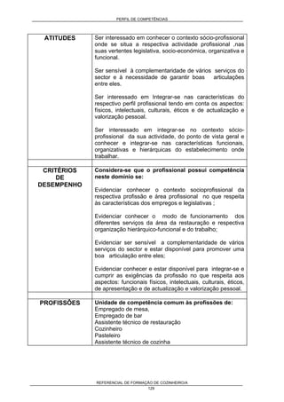PERFIL DE COMPETÊNCIAS
REFERENCIAL DE FORMAÇÃO DE COZINHEIRO/A
129
ATITUDES Ser interessado em conhecer o contexto sócio-profissional
onde se situa a respectiva actividade profissional ,nas
suas vertentes legislativa, socio-económica, organizativa e
funcional.
Ser sensível à complementaridade de vários serviços do
sector e à necessidade de garantir boas articulações
entre eles.
Ser interessado em Integrar-se nas características do
respectivo perfil profissional tendo em conta os aspectos:
físicos, intelectuais, culturais, éticos e de actualização e
valorização pessoal.
Ser interessado em integrar-se no contexto sócio-
profissional da sua actividade, do ponto de vista geral e
conhecer e integrar-se nas características funcionais,
organizativas e hierárquicas do estabelecimento onde
trabalhar.
CRITÉRIOS
DE
DESEMPENHO
Considera-se que o profissional possui competência
neste domínio se:
Evidenciar conhecer o contexto socioprofissional da
respectiva profissão e área profissional no que respeita
às características dos empregos e legislativas ;
Evidenciar conhecer o modo de funcionamento dos
diferentes serviços da área da restauração e respectiva
organização hierárquico-funcional e do trabalho;
Evidenciar ser sensível a complementaridade de vários
serviços do sector e estar disponível para promover uma
boa articulação entre eles;
Evidenciar conhecer e estar disponível para integrar-se e
cumprir as exigências da profissão no que respeita aos
aspectos: funcionais físicos, intelectuais, culturais, éticos,
de apresentação e de actualização e valorização pessoal.
PROFISSÔES Unidade de competência comum às profissões de:
Empregado de mesa,
Empregado de bar
Assistente técnico de restauração
Cozinheiro
Pasteleiro
Assistente técnico de cozinha
 