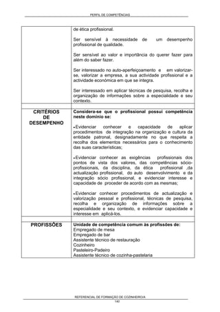 PERFIL DE COMPETÊNCIAS
REFERENCIAL DE FORMAÇÃO DE COZINHEIRO/A
140
de ética profissional.
Ser sensível à necessidade de um desempenho
profissional de qualidade.
Ser sensível ao valor e importância do querer fazer para
além do saber fazer.
Ser interessado no auto-aperfeiçoamento e em valorizar-
se, valorizar a empresa, a sua actividade profissional e a
actividade económica em que se integra.
Ser interessado em aplicar técnicas de pesquisa, recolha e
organização de informações sobre a especialidade e seu
contexto.
CRITÉRIOS
DE
DESEMPENHO
Considera-se que o profissional possui competência
neste domínio se:
• Evidenciar conhecer e capacidade de aplicar
procedimentos de integração na organização e cultura da
entidade patronal, designadamente no que respeita a
recolha dos elementos necessários para o conhecimento
das suas características;
• Evidenciar conhecer as exigências profissionais dos
pontos de vista dos valores, das competências sócio-
profissionais, da disciplina, da ética profissional ,da
actualização profissional, do auto desenvolvimento e da
integração sócio profissional, e evidenciar interesse e
capacidade de proceder de acordo com as mesmas;
• Evidenciar conhecer procedimentos de actualização e
valorização pessoal e profissional, técnicas de pesquisa,
recolha e organização de informações sobre a
especialidade e seu contexto, e evidenciar capacidade e
interesse em aplicá-los.
PROFISSÔES Unidade de competência comum às profissões de:
Empregado de mesa
Empregado de bar
Assistente técnico de restauração
Cozinheiro
Pasteleiro-Padeiro
Assistente técnico de cozinha-pastelaria
 