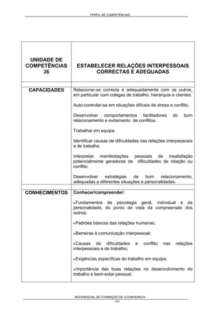 PERFIL DE COMPETÊNCIAS
REFERENCIAL DE FORMAÇÃO DE COZINHEIRO/A
141
UNIDADE DE
COMPETÊNCIAS
36
ESTABELECER RELAÇÕES INTERPESSOAIS
CORRECTAS E ADEQUADAS
CAPACIDADES Relacionar-se correcta e adequadamente com os outros,
em particular com colegas de trabalho, hierarquia e clientes.
Auto-controlar-se em situações difíceis de stress e conflito.
Desenvolver comportamentos facilitadores do bom
relacionamento e evitamento de conflitos.
Trabalhar em equipa.
Identificar causas de dificuldades nas relações interpessoais
e de trabalho.
Interpretar manifestações pessoais de insatisfação
potencialmente geradoras de dificuldades de relação ou
conflito.
Desenvolver estratégias de bom relacionamento,
adequadas a diferentes situações e personalidades.
CONHECIMENTOS Conhecer/compreender:
• Fundamentos de psicologia geral, individual e da
personalidade, do ponto de vista da compreensão dos
outros;
• Padrões básicos das relações humanas;
• Barreiras à comunicação interpessoal;
• Causas de dificuldades e conflito nas relações
interpessoais e de trabalho;
• Exigências específicas do trabalho em equipa;
• Importância das boas relações no desenvolvimento do
trabalho e bem-estar pessoal;
 