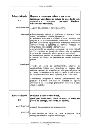 PERFIL DE EMPREGO
REFERENCIAL DE FORMAÇÃO DE COZINHEIRO/A
17
Sub-actividade
2.2
(ponto de partida)
(processo)
(condições)
Reparar e conservar peixes e mariscos,
(principais variedades de peixes de mar, de rio e de
aquacultura; principais mariscos bivalves,
crustáceos e moluscos)
• A partir do processo de aprovisionamento.
• Seleccionando peixes e mariscos a preparar para
utilizações imediatas ou para conservação;
• Efectuando a limpeza, a lavagem, o corte, a divisão em
porções e o acondicionamento adequados à utilização
prevista, utilizando os equipamentos e utensílios de cozinha
correspondentes, e aplicando as técnicas correctas de
manipulação, higienização e conservação;
• Armazenando os produtos a conservar, em meio natural
ou frio, mediante as tecnologias disponíveis em cozinha
(refrigeração, congelação, vácuo, escabeche e outros);
• Efectuando os registos necessários, o controlo de stocks e
o controlo do estado de conservação dessas matérias-
primas.
• Tendo em conta os conhecimentos relativos às
características físicas, aos indicadores de frescura dos
peixes e mariscos, às suas diversas utilizações alimentares
e critérios de porcionamento, assim como às modalidades e
tecnologias adequadas à sua higienização e conservação;
• Procurando assegurar o máximo aproveitamento dos
produtos e cumprir com rigor os cuidados de higiene
alimentar e de segurança profissional aplicáveis a esta
etapa de trabalho.
Sub-actividade
2.3
(ponto de partida)
(processo)
Preparar e conservar carnes,
(principais variedades: carne de vaca, de vitela, de
porco, de borrego, de cabrito, de coelho)
• A partir do processo de aprovisionamento.
• Seleccionando as peças de carne a preparar para
utilizações imediatas ou para conservação;
 