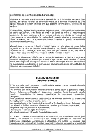 PERFIL DE FORMAÇÃO
REFERENCIAL DE FORMAÇÃO DE COZINHEIRO/A
207
Satisfazendo os seguintes critérios de avaliação:
• Nomear e descrever correctamente a composição de 4 variedades de bolos (tipo
balcão), de 4 bolos de corte, de 4 doces de mesa, de 2 de bolos regionais e de 2 de
épocas festivas e indicar ementas em que possam ser integrados, justificando as
opções;
• Confeccionar, a partir dos ingredientes disponibilizados, 4 das principais variedades
de bolos (tipo balcão), 4 de bolos de corte, 4 de doces de mesa, 2 das principais
variedades de bolos regionais e 2 de épocas festivas, respeitando as respectivas
composições e as quantidades de produto final pré-determinadas e alcançando os
níveis de textura, sabor e apresentação correspondentes ao padrão de qualidade
tecnicamente estabelecido;
• Acondicionar e conservar bolos (tipo balcão), bolos de corte, doces de mesa, bolos
regionais e de épocas festivas confeccionados, escolhendo acertadamente as
modalidades de conservação mais adequadas aos produtos em causa, operando e
regulando os equipamentos utilizados para o efeito de modo correcto;
• Evidenciar atitudes de cuidado com a prevenção dos riscos de higiene e segurança
alimentar na preparação e confecção dos bolos (tipo balcão), bolos de corte, doces de
mesa, bolos regionais e de épocas festivas e com a prevenção de riscos profissionais
na manipulação dos utensílios e operação dos equipamentos, assim como atitudes de
diligência na execução do trabalho.
DESENVOLVIMENTO
(ALGUMAS NOTAS)
1. Ter em conta a articulação dos conteúdos deste módulo com as competências pré-
adquiridas, quer no que respeita:
• Ao domínio dos instrumentos culturais de base, como sejam o português, inglês,
francês (leitura-descodificação de documentos -receitas, fichas técnicas), cálculo
numérico (quantidades de produto, quantidades de ingredientes, proporções,
pesagens);
• Aos patamares de competência desenvolvidos em módulos anteriores do itinerário de
formação, relativamente a áreas tais como:
- racionalidade alimentar (composição e classificação dos alimentos no âmbito da roda
dos alimentos, hábitos e culturas alimentares; receitas, quantidades, capitações);
- higiene e segurança alimentar e profissional;
- tecnologias de conservação de alimentos.
• Às atitudes para com o trabalho /qualidades pessoais.
2. Ter em conta os fundamentos técnicos específicos das actividades visadas pelo
módulo, em matéria de identificação dos principais produtos de pastelaria de
sobremesa, respectivas composições e utilizações, em matéria de selecção das
matérias-primas, preparados industriais e outros ingredientes necessários, em matéria
 