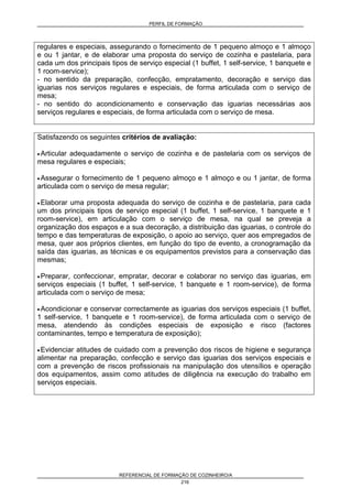 PERFIL DE FORMAÇÃO
REFERENCIAL DE FORMAÇÃO DE COZINHEIRO/A
216
regulares e especiais, assegurando o fornecimento de 1 pequeno almoço e 1 almoço
e ou 1 jantar, e de elaborar uma proposta do serviço de cozinha e pastelaria, para
cada um dos principais tipos de serviço especial (1 buffet, 1 self-service, 1 banquete e
1 room-service);
- no sentido da preparação, confecção, empratamento, decoração e serviço das
iguarias nos serviços regulares e especiais, de forma articulada com o serviço de
mesa;
- no sentido do acondicionamento e conservação das iguarias necessárias aos
serviços regulares e especiais, de forma articulada com o serviço de mesa.
Satisfazendo os seguintes critérios de avaliação:
• Articular adequadamente o serviço de cozinha e de pastelaria com os serviços de
mesa regulares e especiais;
• Assegurar o fornecimento de 1 pequeno almoço e 1 almoço e ou 1 jantar, de forma
articulada com o serviço de mesa regular;
• Elaborar uma proposta adequada do serviço de cozinha e de pastelaria, para cada
um dos principais tipos de serviço especial (1 buffet, 1 self-service, 1 banquete e 1
room-service), em articulação com o serviço de mesa, na qual se preveja a
organização dos espaços e a sua decoração, a distribuição das iguarias, o controle do
tempo e das temperaturas de exposição, o apoio ao serviço, quer aos empregados de
mesa, quer aos próprios clientes, em função do tipo de evento, a cronogramação da
saída das iguarias, as técnicas e os equipamentos previstos para a conservação das
mesmas;
• Preparar, confeccionar, empratar, decorar e colaborar no serviço das iguarias, em
serviços especiais (1 buffet, 1 self-service, 1 banquete e 1 room-service), de forma
articulada com o serviço de mesa;
• Acondicionar e conservar correctamente as iguarias dos serviços especiais (1 buffet,
1 self-service, 1 banquete e 1 room-service), de forma articulada com o serviço de
mesa, atendendo às condições especiais de exposição e risco (factores
contaminantes, tempo e temperatura de exposição);
• Evidenciar atitudes de cuidado com a prevenção dos riscos de higiene e segurança
alimentar na preparação, confecção e serviço das iguarias dos serviços especiais e
com a prevenção de riscos profissionais na manipulação dos utensílios e operação
dos equipamentos, assim como atitudes de diligência na execução do trabalho em
serviços especiais.
 