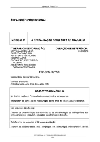 PERFIL DE FORMAÇÃO
REFERENCIAL DE FORMAÇÃO DE COZINHEIRO/A
238
ÁREA SÓCIO-PROFISSIONAL
MÓDULO 31 A RESTAURAÇÃO COMO ÁREA DE TRABALHO
ITINERÁRIOS DE FORMAÇÃO:
EMPREGADO DE MESA
EMPREGADO DE BAR
ASSISTENTE TÉCNICO DE
RESTAURACÃO
COZINHEIRO, PASTELEIRO-
PADEIRO
ASSISTENTE TÉCNICO DE
COZINHA-PASTELARIA
DURAÇÃO DE REFERÊNCIA:
35 HORAS
PRE-REQUISITOS:
Escolaridade Básica Obrigatória.
Módulos anteriores:
A Restauração como área de negócio (24)
OBJECTIVO DO MÓDULO
No final do módulo o Formando deverá demonstrar ser capaz de
Interpretar os serviços de restauração como área de interesse profissional.
Nas seguintes condições:
• Através de uma descrição oral ou escrita ou de uma simulação de diálogo entre dois
profissionais que discutem situações e problemas de trabalho.
Satisfazendo os seguintes critérios de avaliação:
• Referir as características dos empregos em restauração mencionando valores
 
