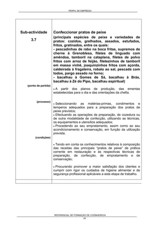 PERFIL DE EMPREGO
REFERENCIAL DE FORMAÇÃO DE COZINHEIRO/A
24
Sub-actividade
3.7
(ponto de partida)
(processo)
(condições)
Confeccionar pratos de peixe
(principais espécies de peixe e variedades de
pratos: cozidos, grelhados, assados, estufados,
fritos, gratinados, entre os quais:
- pescadinhas de rabo na boca fritas, supremos de
cherne à Grenoblesa, filetes de linguado com
amêndoa, tamboril na cataplana, filetes de polvo
fritos com arroz de feijão, filetezinhos de tamboril
em massa vinhê, joaquinzinhos fritos com açorda,
caldeirada à fragateira, robalo ao sal, pescada com
todos, pargo assado no forno;
- bacalhau à Gomes de Sá, bacalhau à Brás,
bacalhau à Zé do Pipo, bacalhau espiritual)
• A partir dos planos de produção, das ementas
estabelecidas para o dia e das orientações da chefia.
• Seleccionando as matérias-primas, condimentos e
temperos adequados para a preparação dos pratos de
peixe previstos;
• Efectuando as operações de preparação, de cozedura ou
de outra modalidade de confecção, utilizando as técnicas,
os equipamentos e utensílios adequados;
• Procedendo ao seu empratamento, assim como ao seu
acondicionamento e conservação, em função da utilização
prevista.
• Tendo em conta os conhecimentos relativos à composição
das receitas das principais “pratos de peixe” de prática
corrente em restauração e às respectivas técnicas de
preparação, de confecção, de empratamento e de
conservação;
• Procurando promover a maior satisfação dos clientes e
cumprir com rigor os cuidados de higiene alimentar e de
segurança profissional aplicáveis a esta etapa de trabalho.
 