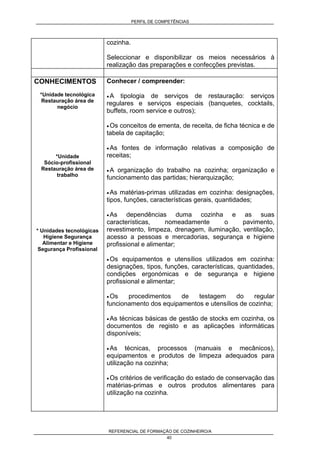 PERFIL DE COMPETÊNCIAS
REFERENCIAL DE FORMAÇÃO DE COZINHEIRO/A
40
cozinha.
Seleccionar e disponibilizar os meios necessários à
realização das preparações e confecções previstas.
CONHECIMENTOS
*Unidade tecnológica
Restauração área de
negócio
*Unidade
Sócio-profissional
Restauração área de
trabalho
* Unidades tecnológicas
Higiene Segurança
Alimentar e Higiene
Segurança Profissional
Conhecer / compreender:
• A tipologia de serviços de restauração: serviços
regulares e serviços especiais (banquetes, cocktails,
buffets, room service e outros);
• Os conceitos de ementa, de receita, de ficha técnica e de
tabela de capitação;
• As fontes de informação relativas a composição de
receitas;
• A organização do trabalho na cozinha; organização e
funcionamento das partidas; hierarquização;
• As matérias-primas utilizadas em cozinha: designações,
tipos, funções, características gerais, quantidades;
• As dependências duma cozinha e as suas
características, nomeadamente o pavimento,
revestimento, limpeza, drenagem, iluminação, ventilação,
acesso a pessoas e mercadorias, segurança e higiene
profissional e alimentar;
• Os equipamentos e utensílios utilizados em cozinha:
designações, tipos, funções, características, quantidades,
condições ergonómicas e de segurança e higiene
profissional e alimentar;
• Os procedimentos de testagem do regular
funcionamento dos equipamentos e utensílios de cozinha;
• As técnicas básicas de gestão de stocks em cozinha, os
documentos de registo e as aplicações informáticas
disponíveis;
• As técnicas, processos (manuais e mecânicos),
equipamentos e produtos de limpeza adequados para
utilização na cozinha;
• Os critérios de verificação do estado de conservação das
matérias-primas e outros produtos alimentares para
utilização na cozinha.
 