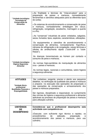 PERFIL DE COMPETÊNCIAS
REFERENCIAL DE FORMAÇÃO DE COZINHEIRO/A
49
* Unidade tecnológica
Tecnologia da
Conservação de
Alimentos
* Unidade tecnológica
Higiene Segurança
Alimentar
• As finalidade e técnicas de “mise-en-place” para a
preparação de peixes e mariscos, nomeadamente
ferramentas e utensílios adequados para os diferentes tipos
de cortes;
• Os sistemas de acondicionamento e conservação de peixe
e mariscos, nomeadamente: embalagem em vácuo,
refrigeração, congelação, escabeche, marinagem a quente
e a frio;
• As “conservas” industriais de peixe: enlatados, salgados,
secos, fumados; tipos, espécies, características, utilizações;
Os equipamentos e utensílios de acondicionamento e
conservação de alimentos, nomeadamente: frigoríficos,
câmaras de refrigeração e de congelação, caixas térmicas e
células de arrefecimento rápido (“cook-chill” e “cook-
freeze”);
As doenças transmissíveis ao homem por contacto e
consumo de peixe e mariscos;
As normas higio-sanitárias de manipulação de alimentos
crus – peixes e mariscos;
As normas legais, nacionais e comunitárias, sobre higiene
e segurança alimentar.
ATITUDES
*Unidade Sócio-
profissional
Qualidades Pessoais e
Empregabilidade
Ser cuidadoso, exigente, preciso e atento aos pequenos
detalhes, na verificação da qualidade dos peixes e mariscos
a preparar, na execução das operações de preparação e
das operações de conservação e armazenamento dos
peixes e mariscos preparados.
Ser rigoroso, disciplinado e responsável, no cumprimento
das normas de higiene e segurança profissional e alimentar
aplicáveis ao processo de preparação de peixes e mariscos
para utilização culinária.
CRITÉRIOS
DE
DESEMPENHO
Considera-se que o profissional desempenha esta
actividade com competência se:
• Executar, com suficiente rigor técnico e rapidez, os
procedimentos de selecção, preparação e
acondicionamento dos peixes e mariscos, para uso
culinário;
 