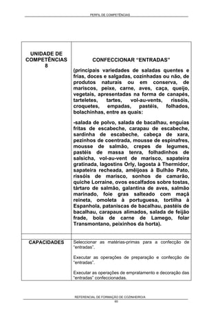 PERFIL DE COMPETÊNCIAS
REFERENCIAL DE FORMAÇÃO DE COZINHEIRO/A
60
UNIDADE DE
COMPETÊNCIAS
8
CONFECCIONAR “ENTRADAS”
(principais variedades de saladas quentes e
frias, doces e salgadas, cozinhadas ou não, de
produtos naturais ou em conserva, de
mariscos, peixe, carne, aves, caça, queijo,
vegetais, apresentadas na forma de canapés,
tarteletes, tartes, vol-au-vents, rissóis,
croquetes, empadas, pastéis, folhados,
bolachinhas, entre as quais:
-salada de polvo, salada de bacalhau, enguias
fritas de escabeche, carapau de escabeche,
sardinha de escabeche, cabeça de xara,
pezinhos de coentrada, mousse de espinafres,
mousse de salmão, crepes de legumes,
pastéis de massa tenra, folhadinhos de
salsicha, vol-au-vent de marisco, sapateira
gratinada, lagostins Orly, lagosta à Thermidor,
sapateira recheada, amêijoas à Bulhão Pato,
rissóis de marisco, sonhos de camarão,
quiche Lorraine, ovos escalfados sobre tostas,
tártaro de salmão, galantina de aves, salmão
marinado, foie gras salteado com maçã
reineta, omoleta à portuguesa, tortilha à
Espanhola, pataniscas de bacalhau, pastéis de
bacalhau, carapaus alimados, salada de feijão
frade, bola de carne de Lamego, folar
Transmontano, peixinhos da horta).
CAPACIDADES Seleccionar as matérias-primas para a confecção de
“entradas”.
Executar as operações de preparação e confecção de
“entradas”.
Executar as operações de empratamento e decoração das
“entradas” confeccionadas.
 