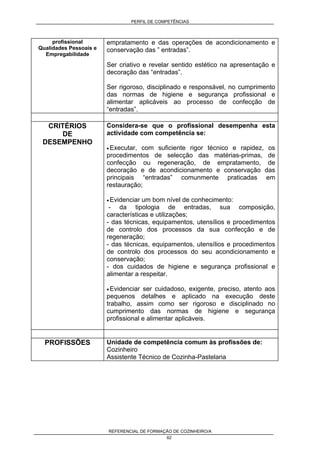 PERFIL DE COMPETÊNCIAS
REFERENCIAL DE FORMAÇÃO DE COZINHEIRO/A
62
profissional
Qualidades Pessoais e
Empregabilidade
empratamento e das operações de acondicionamento e
conservação das ” entradas”.
Ser criativo e revelar sentido estético na apresentação e
decoração das “entradas”.
Ser rigoroso, disciplinado e responsável, no cumprimento
das normas de higiene e segurança profissional e
alimentar aplicáveis ao processo de confecção de
“entradas”.
CRITÉRIOS
DE
DESEMPENHO
Considera-se que o profissional desempenha esta
actividade com competência se:
• Executar, com suficiente rigor técnico e rapidez, os
procedimentos de selecção das matérias-primas, de
confecção ou regeneração, de empratamento, de
decoração e de acondicionamento e conservação das
principais “entradas” comunmente praticadas em
restauração;
• Evidenciar um bom nível de conhecimento:
- da tipologia de entradas, sua composição,
características e utilizações;
- das técnicas, equipamentos, utensílios e procedimentos
de controlo dos processos da sua confecção e de
regeneração;
- das técnicas, equipamentos, utensílios e procedimentos
de controlo dos processos do seu acondicionamento e
conservação;
- dos cuidados de higiene e segurança profissional e
alimentar a respeitar.
• Evidenciar ser cuidadoso, exigente, preciso, atento aos
pequenos detalhes e aplicado na execução deste
trabalho, assim como ser rigoroso e disciplinado no
cumprimento das normas de higiene e segurança
profissional e alimentar aplicáveis.
PROFISSÕES Unidade de competência comum às profissões de:
Cozinheiro
Assistente Técnico de Cozinha-Pastelaria
 