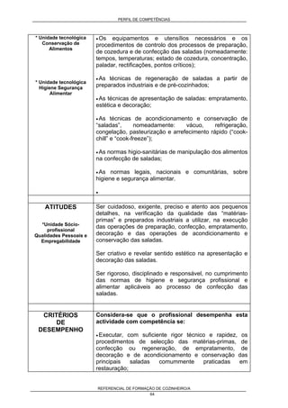 PERFIL DE COMPETÊNCIAS
REFERENCIAL DE FORMAÇÃO DE COZINHEIRO/A
64
* Unidade tecnológica
Conservação de
Alimentos
* Unidade tecnológica
Higiene Segurança
Alimentar
• Os equipamentos e utensílios necessários e os
procedimentos de controlo dos processos de preparação,
de cozedura e de confecção das saladas (nomeadamente:
tempos, temperaturas; estado de cozedura, concentração,
paladar, rectificações, pontos críticos);
• As técnicas de regeneração de saladas a partir de
preparados industriais e de pré-cozinhados;
• As técnicas de apresentação de saladas: empratamento,
estética e decoração;
• As técnicas de acondicionamento e conservação de
“saladas”, nomeadamente: vácuo, refrigeração,
congelação, pasteurização e arrefecimento rápido (“cook-
chill” e “cook-freeze”);
• As normas higio-sanitárias de manipulação dos alimentos
na confecção de saladas;
• As normas legais, nacionais e comunitárias, sobre
higiene e segurança alimentar.
•
ATITUDES
*Unidade Sócio-
profissional
Qualidades Pessoais e
Empregabilidade
Ser cuidadoso, exigente, preciso e atento aos pequenos
detalhes, na verificação da qualidade das “matérias-
primas” e preparados industriais a utilizar, na execução
das operações de preparação, confecção, empratamento,
decoração e das operações de acondicionamento e
conservação das saladas.
Ser criativo e revelar sentido estético na apresentação e
decoração das saladas.
Ser rigoroso, disciplinado e responsável, no cumprimento
das normas de higiene e segurança profissional e
alimentar aplicáveis ao processo de confecção das
saladas.
CRITÉRIOS
DE
DESEMPENHO
Considera-se que o profissional desempenha esta
actividade com competência se:
• Executar, com suficiente rigor técnico e rapidez, os
procedimentos de selecção das matérias-primas, de
confecção ou regeneração, de empratamento, de
decoração e de acondicionamento e conservação das
principais saladas comummente praticadas em
restauração;
 