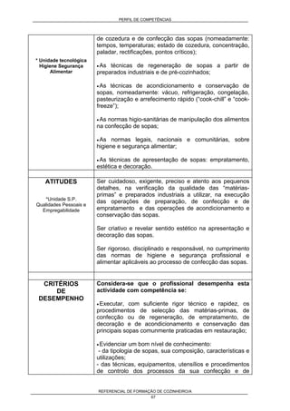 PERFIL DE COMPETÊNCIAS
REFERENCIAL DE FORMAÇÃO DE COZINHEIRO/A
67
* Unidade tecnológica
Higiene Segurança
Alimentar
de cozedura e de confecção das sopas (nomeadamente:
tempos, temperaturas; estado de cozedura, concentração,
paladar, rectificações, pontos críticos);
• As técnicas de regeneração de sopas a partir de
preparados industriais e de pré-cozinhados;
• As técnicas de acondicionamento e conservação de
sopas, nomeadamente: vácuo, refrigeração, congelação,
pasteurização e arrefecimento rápido (“cook-chill” e “cook-
freeze”);
• As normas higio-sanitárias de manipulação dos alimentos
na confecção de sopas;
• As normas legais, nacionais e comunitárias, sobre
higiene e segurança alimentar;
• As técnicas de apresentação de sopas: empratamento,
estética e decoração.
ATITUDES
*Unidade S.P.
Qualidades Pessoais e
Empregabilidade
Ser cuidadoso, exigente, preciso e atento aos pequenos
detalhes, na verificação da qualidade das “matérias-
primas” e preparados industriais a utilizar, na execução
das operações de preparação, de confecção e de
empratamento e das operações de acondicionamento e
conservação das sopas.
Ser criativo e revelar sentido estético na apresentação e
decoração das sopas.
Ser rigoroso, disciplinado e responsável, no cumprimento
das normas de higiene e segurança profissional e
alimentar aplicáveis ao processo de confecção das sopas.
CRITÉRIOS
DE
DESEMPENHO
Considera-se que o profissional desempenha esta
actividade com competência se:
• Executar, com suficiente rigor técnico e rapidez, os
procedimentos de selecção das matérias-primas, de
confecção ou de regeneração, de empratamento, de
decoração e de acondicionamento e conservação das
principais sopas comunmente praticadas em restauração;
• Evidenciar um bom nível de conhecimento:
- da tipologia de sopas, sua composição, características e
utilizações;
- das técnicas, equipamentos, utensílios e procedimentos
de controlo dos processos da sua confecção e de
 