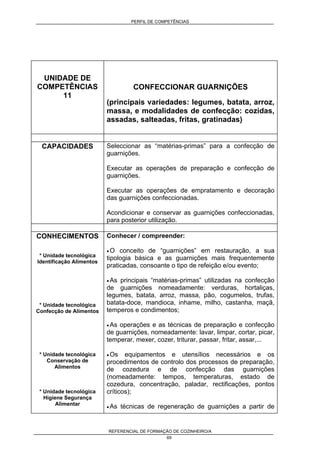 PERFIL DE COMPETÊNCIAS
REFERENCIAL DE FORMAÇÃO DE COZINHEIRO/A
69
UNIDADE DE
COMPETÊNCIAS
11
CONFECCIONAR GUARNIÇÕES
(principais variedades: legumes, batata, arroz,
massa, e modalidades de confecção: cozidas,
assadas, salteadas, fritas, gratinadas)
CAPACIDADES Seleccionar as “matérias-primas” para a confecção de
guarnições.
Executar as operações de preparação e confecção de
guarnições.
Executar as operações de empratamento e decoração
das guarnições confeccionadas.
Acondicionar e conservar as guarnições confeccionadas,
para posterior utilização.
CONHECIMENTOS
* Unidade tecnológica
Identificação Alimentos
* Unidade tecnológica
Confecção de Alimentos
* Unidade tecnológica
Conservação de
Alimentos
* Unidade tecnológica
Higiene Segurança
Alimentar
Conhecer / compreender:
• O conceito de “guarnições” em restauração, a sua
tipologia básica e as guarnições mais frequentemente
praticadas, consoante o tipo de refeição e/ou evento;
• As principais “matérias-primas” utilizadas na confecção
de guarnições nomeadamente: verduras, hortaliças,
legumes, batata, arroz, massa, pão, cogumelos, trufas,
batata-doce, mandioca, inhame, milho, castanha, maçã,
temperos e condimentos;
• As operações e as técnicas de preparação e confecção
de guarnições, nomeadamente: lavar, limpar, cortar, picar,
temperar, mexer, cozer, triturar, passar, fritar, assar,...
• Os equipamentos e utensílios necessários e os
procedimentos de controlo dos processos de preparação,
de cozedura e de confecção das guarnições
(nomeadamente: tempos, temperaturas, estado de
cozedura, concentração, paladar, rectificações, pontos
críticos);
• As técnicas de regeneração de guarnições a partir de
 