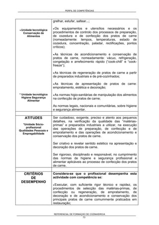 PERFIL DE COMPETÊNCIAS
REFERENCIAL DE FORMAÇÃO DE COZINHEIRO/A
73
• Unidade tecnológica
Conservação de
Alimentos
* Unidade tecnológica
Higiene Segurança
Alimentar
grelhar, estufar, saltear...;
• Os equipamentos e utensílios necessários e os
procedimentos de controlo dos processos de preparação,
de cozedura e de confecção dos pratos de carne
(nomeadamente: tempos, temperaturas, estado de
cozedura, concentração, paladar, rectificações, pontos
críticos);
• As técnicas de acondicionamento e conservação de
pratos de carne, nomeadamente: vácuo, refrigeração,
congelação e arrefecimento rápido (“cook-chill” e “cook-
freeze”);
• As técnicas de regeneração de pratos de carne a partir
de preparados industriais e de pré-cozinhados;
• As técnicas de apresentação de pratos de carne:
empratamento, estética e decoração;
• As normas higio-sanitárias de manipulação dos alimentos
na confecção de pratos de carne;
As normas legais, nacionais e comunitárias, sobre higiene
e segurança alimentar.
ATITUDES
*Unidade Sócio-
profissional
Qualidades Pessoais e
Empregabilidade
Ser cuidadoso, exigente, preciso e atento aos pequenos
detalhes, na verificação da qualidade das “matérias-
primas” e preparados industriais a utilizar, na execução
das operações de preparação, de confecção e de
empratamento e das operações de acondicionamento e
conservação dos pratos de carne.
Ser criativo e revelar sentido estético na apresentação e
decoração dos pratos de carne.
Ser rigoroso, disciplinado e responsável, no cumprimento
das normas de higiene e segurança profissional e
alimentar aplicáveis ao processo de confecção dos pratos
de carne.
CRITÉRIOS
DE
DESEMPENHO
Considera-se que o profissional desempenha esta
actividade com competência se:
• Executar, com suficiente rigor técnico e rapidez, os
procedimentos de selecção das matérias-primas, de
confecção ou regeneração, de empratamento, de
decoração e de acondicionamento e conservação dos
principais pratos de carne comummente praticados em
restauração;
 