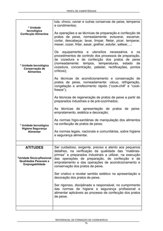 PERFIL DE COMPETÊNCIAS
REFERENCIAL DE FORMAÇÃO DE COZINHEIRO/A
76
* Unidade
tecnológica
Confecção Alimentos
* Unidade tecnológica
Conservação de
Alimentos
* Unidade tecnológica
Higiene Segurança
Alimentar
lula, choco, caviar e outras conservas de peixe, temperos
e condimentos;
As operações e as técnicas de preparação e confecção de
pratos de peixe, nomeadamente: eviscerar, escamar,
cortar, descabeçar, lavar, limpar, filetar, picar, temperar,
mexer, cozer, fritar, assar, grelhar, estufar, saltear,...;
Os equipamentos e utensílios necessários e os
procedimentos de controlo dos processos de preparação,
de cozedura e de confecção dos pratos de peixe
(nomeadamente: tempos, temperaturas, estado de
cozedura, concentração, paladar, rectificações, pontos
críticos);
As técnicas de acondicionamento e conservação de
pratos de peixe, nomeadamente: vácuo, refrigeração,
congelação e arrefecimento rápido (“cook-chill” e “cook-
freeze”);
As técnicas de regeneração de pratos de peixe a partir de
preparados industriais e de pré-cozinhados;
As técnicas de apresentação de pratos de peixe:
empratamento, estética e decoração;
As normas higio-sanitárias de manipulação dos alimentos
na confecção de pratos de peixe;
As normas legais, nacionais e comunitárias, sobre higiene
e segurança alimentar.
ATITUDES
*Unidade Sócio-pfissional
Qualidades Pessoais e
Empregabilidade
Ser cuidadoso, exigente, preciso e atento aos pequenos
detalhes, na verificação da qualidade das “matérias-
primas” e preparados industriais a utilizar, na execução
das operações de preparação, de confecção e de
empratamento e das operações de acondicionamento e
conservação dos pratos de peixe.
Ser criativo e revelar sentido estético na apresentação e
decoração dos pratos de peixe.
Ser rigoroso, disciplinado e responsável, no cumprimento
das normas de higiene e segurança profissional e
alimentar aplicáveis ao processo de confecção dos pratos
de peixe.
 