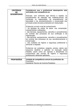 PERFIL DE COMPETÊNCIAS
REFERENCIAL DE FORMAÇÃO DE COZINHEIRO/A
77
CRITÉRIOS
DE
DESEMPENHO
Considera-se que o profissional desempenha esta
actividade com competência se:
Executar, com suficiente rigor técnico e rapidez, os
procedimentos de selecção das matérias-primas, de
confecção ou regeneração, de empratamento, de
decoração e de acondicionamento e conservação dos
principais pratos de peixe praticados em restauração;
Evidenciar um bom nível de conhecimento:
- da tipologia de pratos de peixe, sua composição,
características e utilizações;
- das técnicas, equipamentos, utensílios e procedimentos
de controlo dos processos da sua confecção e de
regeneração;
- das técnicas, equipamentos, utensílios e procedimentos
de controlo dos processos do seu acondicionamento e
conservação;
- dos cuidados de higiene e segurança profissional e
alimentar a respeitar.
Evidenciar ser cuidadoso, exigente, preciso, atento aos
pequenos detalhes e aplicado na execução deste
trabalho, assim como ser rigoroso e disciplinado no
cumprimento das normas de higiene e segurança
profissional e alimentar aplicáveis.
PROFISSÕES Unidade de competência comum às profissões de:
Cozinheiro
Assistente Técnico de Cozinha-Pastelaria
 