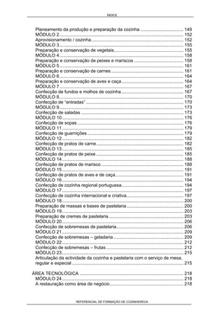 ÍNDICE
REFERENCIAL DE FORMAÇÃO DE COZINHEIRO/A
Planeamento da produção e preparação da cozinha .................................. 149
MÓDULO 2.................................................................................................. 152
Aprovisionamento / cozinha......................................................................... 152
MÓDULO 3.................................................................................................. 155
Preparação e conservação de vegetais....................................................... 155
MÓDULO 4.................................................................................................. 158
Preparação e conservação de peixes e mariscos ....................................... 158
MÓDULO 5.................................................................................................. 161
Preparação e conservação de carnes ......................................................... 161
MÓDULO 6.................................................................................................. 164
Preparação e conservação de aves e caça................................................. 164
MÓDULO 7.................................................................................................. 167
Confecção de fundos e molhos de cozinha................................................. 167
MÓDULO 8.................................................................................................. 170
Confecção de “entradas” ............................................................................. 170
MÓDULO 9.................................................................................................. 173
Confecção de saladas ................................................................................. 173
MÓDULO 10................................................................................................ 176
Confecção de sopas.................................................................................... 176
MÓDULO 11................................................................................................ 179
Confecção de guarnições............................................................................ 179
MÓDULO 12................................................................................................ 182
Confecção de pratos de carne..................................................................... 182
MÓDULO 13................................................................................................ 185
Confecção de pratos de peixe ..................................................................... 185
MÓDULO 14................................................................................................ 188
Confecção de pratos de marisco ................................................................. 188
MÓDULO 15................................................................................................ 191
Confecção de pratos de aves e de caça...................................................... 191
MÓDULO 16................................................................................................ 194
Confecção de cozinha regional portuguesa................................................. 194
MÓDULO 17................................................................................................ 197
Confecção de cozinha internacional e criativa............................................. 197
MÓDULO 18................................................................................................ 200
Preparação de massas e bases de pastelaria............................................. 200
MÓDULO 19................................................................................................ 203
Preparação de cremes de pastelaria........................................................... 203
MÓDULO 20................................................................................................ 206
Confecção de sobremesas de pastelaria..................................................... 206
MÓDULO 21................................................................................................ 209
Confecção de sobremesas – geladaria ....................................................... 209
MÓDULO 22................................................................................................ 212
Confecção de sobremesas – frutas ............................................................. 212
MÓDULO 23................................................................................................ 215
Articulação da actividade da cozinha e pastelaria com o serviço de mesa,
regular e especial ........................................................................................ 215
ÁREA TECNOLÓGICA .................................................................................. 218
MÓDULO 24................................................................................................ 218
A restauração como área de negócio.......................................................... 218
 