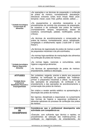 PERFIL DE COMPETÊNCIAS
REFERENCIAL DE FORMAÇÃO DE COZINHEIRO/A
79
* Unidade tecnológica
Conservação de
Alimentos
* Unidade tecnológica
Higiene Segurança
Alimentar
• As operações e as técnicas de preparação e confecção
de pratos de marisco, nomeadamente: descabeçar,
descascar, eviscerar, cortar, lavar, limpar, filetar, picar,
temperar, mexer, cozer, fritar, grelhar, estufar, saltear,...;
• Os equipamentos e utensílios necessários e os
procedimentos de controlo dos processos de preparação,
de cozedura e de confecção dos pratos de marisco
(nomeadamente: tempos, temperaturas, estado de
cozedura, concentração, paladar, rectificações, pontos
críticos);
• As técnicas de acondicionamento e conservação de
pratos de marisco, nomeadamente: vácuo, refrigeração,
congelação e arrefecimento rápido (“cook-chill” e “cook-
freeze”);
• As técnicas de regeneração de pratos de marisco a partir
de preparados industriais e de pré-cozinhados;
• As normas higio-sanitárias de manipulação dos alimentos
na confecção de pratos de marisco;
• As normas legais, nacionais e comunitárias, sobre
higiene e segurança alimentar;
• As técnicas de apresentação de pratos de marisco:
empratamento, estética e decoração.
ATITUDES
*Unidade Sócio-
profissional
Qualidades Pessoais e
Empregabilidade
Ser cuidadoso, exigente, preciso e atento aos pequenos
detalhes, na verificação da qualidade das “matérias-
primas” e preparados industriais a utilizar, na execução
das operações de preparação, de confecção e de
empratamento e das operações de acondicionamento e
conservação dos pratos de marisco.
Ser criativo e revelar sentido estético na apresentação e
decoração dos pratos de marisco.
Ser rigoroso, disciplinado e responsável, no cumprimento
das normas de higiene e segurança profissional e
alimentar aplicáveis ao processo de confecção dos pratos
de marisco.
CRITÉRIOS
DE
DESEMPENHO
Considera-se que o profissional desempenha esta
actividade com competência se:
• Executar, com suficiente rigor técnico e rapidez, os
procedimentos de selecção das matérias-primas, de
confecção ou regeneração, de empratamento, de
 