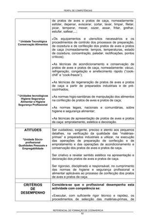 PERFIL DE COMPETÊNCIAS
REFERENCIAL DE FORMAÇÃO DE COZINHEIRO/A
82
* Unidade Tecnológica
Conservação Alimentos
* Unidades tecnológicas
Higiene Segurança
Alimentar e Higiene
Segurança Profissional
de pratos de aves e pratos de caça, nomeadamente:
esfolar, depenar, eviscerar, cortar, lavar, limpar, filetar,
picar, temperar, mexer, cozer, assar, fritar, grelhar,
estufar, saltear,...;
• Os equipamentos e utensílios necessários e os
procedimentos de controlo dos processos de preparação,
de cozedura e de confecção dos pratos de aves e pratos
de caça (nomeadamente: tempos, temperaturas, estado
de cozedura, concentração, paladar, rectificações, pontos
críticos);
• As técnicas de acondicionamento e conservação de
pratos de aves e pratos de caça, nomeadamente: vácuo,
refrigeração, congelação e arrefecimento rápido (“cook-
chill” e “cook-freeze”);
• As técnicas de regeneração de pratos de aves e pratos
de caça a partir de preparados industriais e de pré-
cozinhados;
• As normas higio-sanitárias de manipulação dos alimentos
na confecção de pratos de aves e pratos de caça;
• As normas legais, nacionais e comunitárias, sobre
higiene e segurança alimentar;
• As técnicas de apresentação de pratos de aves e pratos
de caça: empratamento, estética e decoração.
ATITUDES
*Unidade Sócio-
profissional
Qualidades Pessoais e
Empregabilidade
Ser cuidadoso, exigente, preciso e atento aos pequenos
detalhes, na verificação da qualidade das “matérias-
primas” e preparados industriais a utilizar, na execução
das operações de preparação de confecção e de
empratamento e das operações de acondicionamento e
conservação dos pratos de aves e pratos de caça.
Ser criativo e revelar sentido estético na apresentação e
decoração dos pratos de aves e pratos de caça.
Ser rigoroso, disciplinado e responsável, no cumprimento
das normas de higiene e segurança profissional e
alimentar aplicáveis ao processo de confecção dos pratos
de aves e pratos de caça.
CRITÉRIOS
DE
DESEMPENHO
Considera-se que o profissional desempenha esta
actividade com competência se:
• Executar, com suficiente rigor técnico e rapidez, os
procedimentos de selecção das matérias-primas, de
 