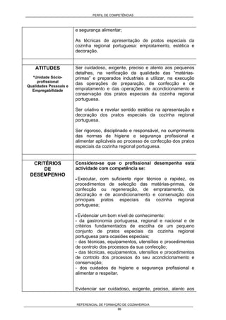 PERFIL DE COMPETÊNCIAS
REFERENCIAL DE FORMAÇÃO DE COZINHEIRO/A
86
e segurança alimentar;
As técnicas de apresentação de pratos especiais da
cozinha regional portuguesa: empratamento, estética e
decoração.
ATITUDES
*Unidade Sócio-
profissional
Qualidades Pessoais e
Empregabilidade
Ser cuidadoso, exigente, preciso e atento aos pequenos
detalhes, na verificação da qualidade das “matérias-
primas” e preparados industriais a utilizar, na execução
das operações de preparação, de confecção e de
empratamento e das operações de acondicionamento e
conservação dos pratos especiais da cozinha regional
portuguesa.
Ser criativo e revelar sentido estético na apresentação e
decoração dos pratos especiais da cozinha regional
portuguesa.
Ser rigoroso, disciplinado e responsável, no cumprimento
das normas de higiene e segurança profissional e
alimentar aplicáveis ao processo de confecção dos pratos
especiais da cozinha regional portuguesa.
CRITÉRIOS
DE
DESEMPENHO
Considera-se que o profissional desempenha esta
actividade com competência se:
• Executar, com suficiente rigor técnico e rapidez, os
procedimentos de selecção das matérias-primas, de
confecção ou regeneração, de empratamento, de
decoração e de acondicionamento e conservação dos
principais pratos especiais da cozinha regional
portuguesa;
• Evidenciar um bom nível de conhecimento:
- da gastronomia portuguesa, regional e nacional e de
critérios fundamentados de escolha de um pequeno
conjunto de pratos especiais da cozinha regional
portuguesa para ocasiões especiais;
- das técnicas, equipamentos, utensílios e procedimentos
de controlo dos processos da sua confecção;
- das técnicas, equipamentos, utensílios e procedimentos
de controlo dos processos do seu acondicionamento e
conservação;
- dos cuidados de higiene e segurança profissional e
alimentar a respeitar.
Evidenciar ser cuidadoso, exigente, preciso, atento aos
 